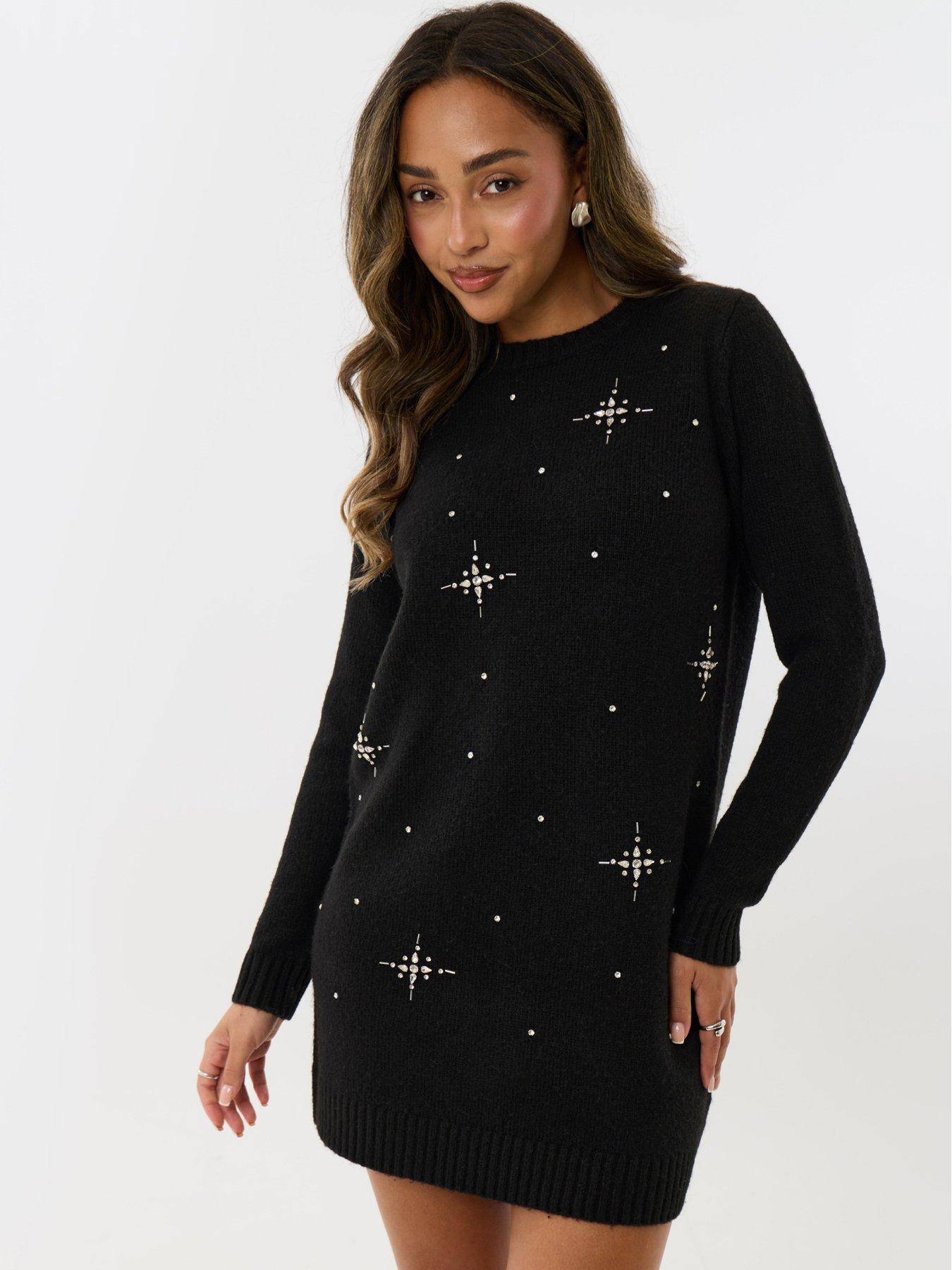 Image 3 of 4 of Threadbare Womens Petite Starland Star Embellished Soft Knit Dress - Black