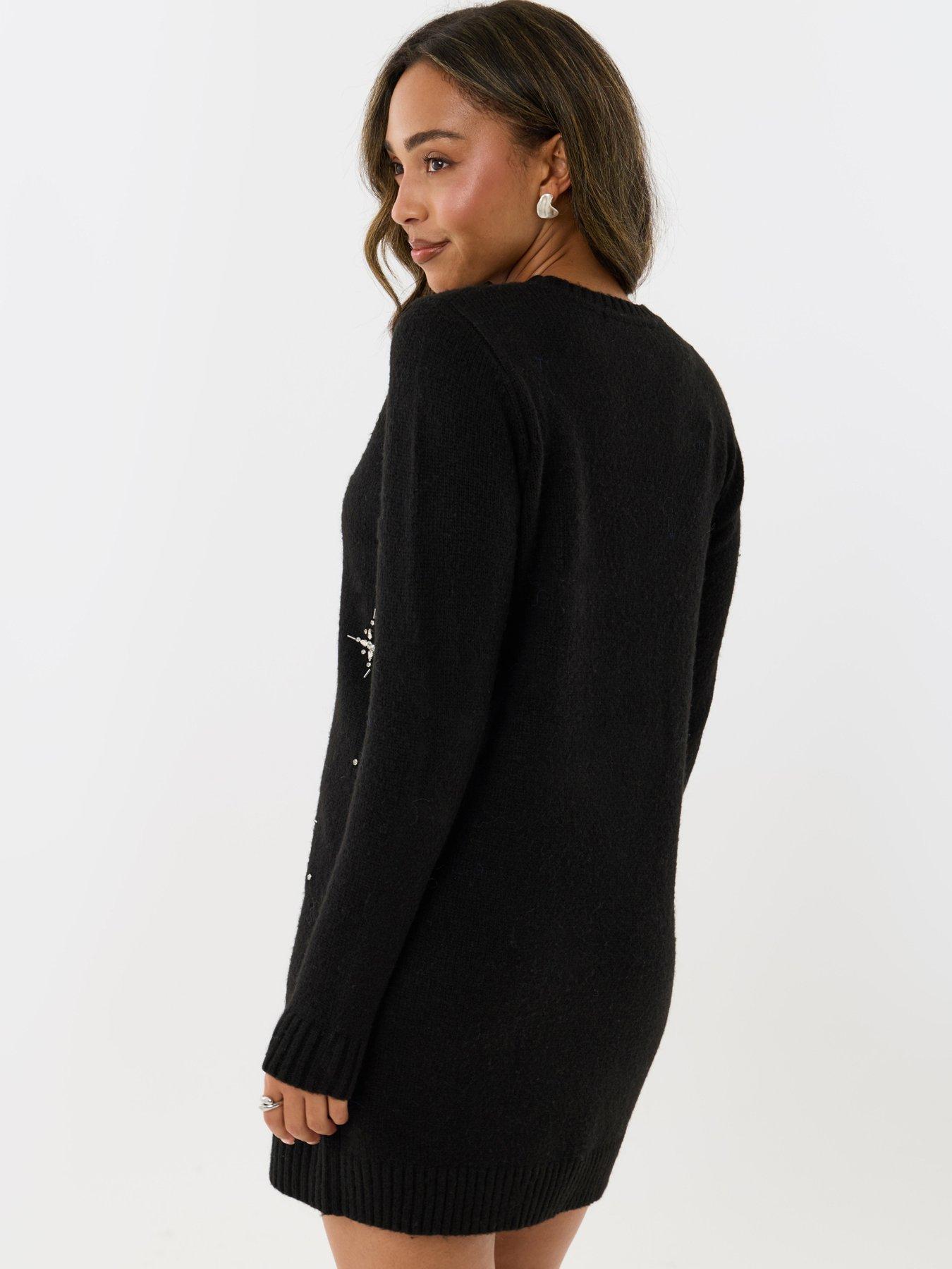 Image 4 of 4 of Threadbare Womens Petite Starland Star Embellished Soft Knit Dress - Black