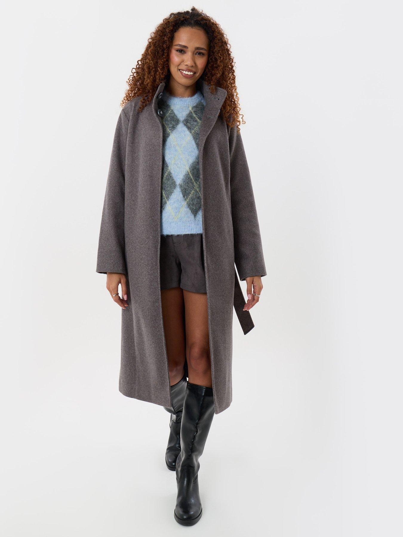Image 3 of 4 of Threadbare Funnel Neck Belted Longline Jacket In Charcoal Grey