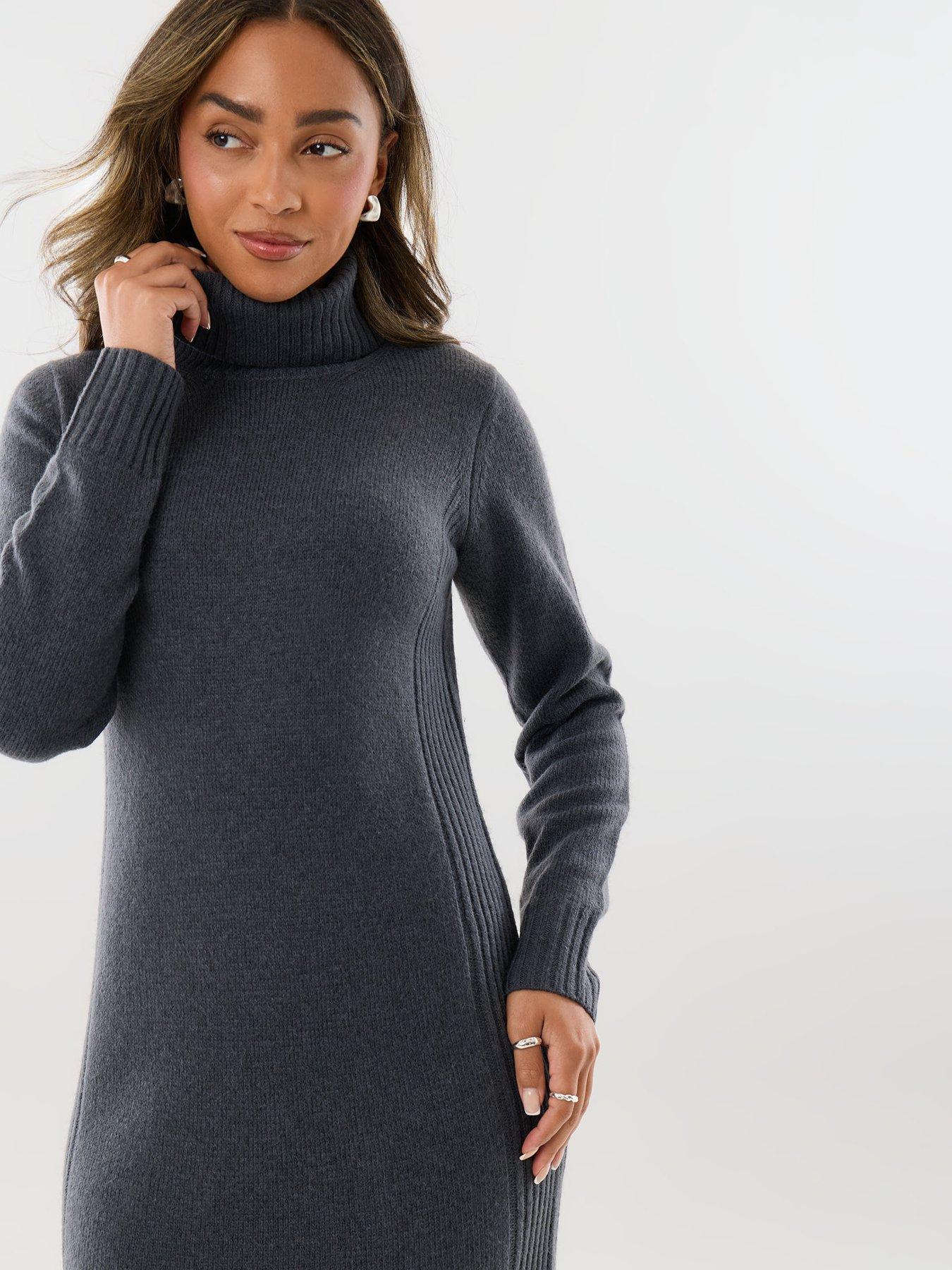 Image 4 of 4 of Threadbare Turtle Neck Maxi Jumper Dress In Charcoal Grey