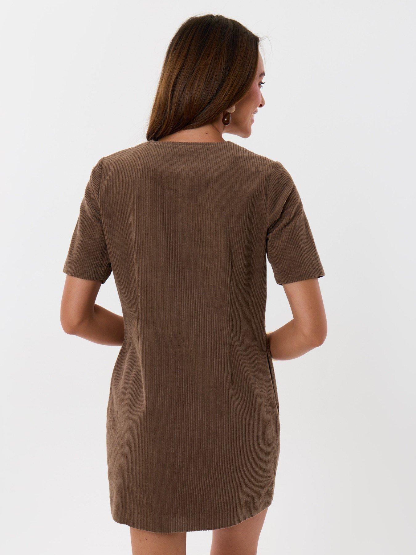 Image 2 of 4 of Threadbare Odette Corduroy Button Front Mini Dress - Brown