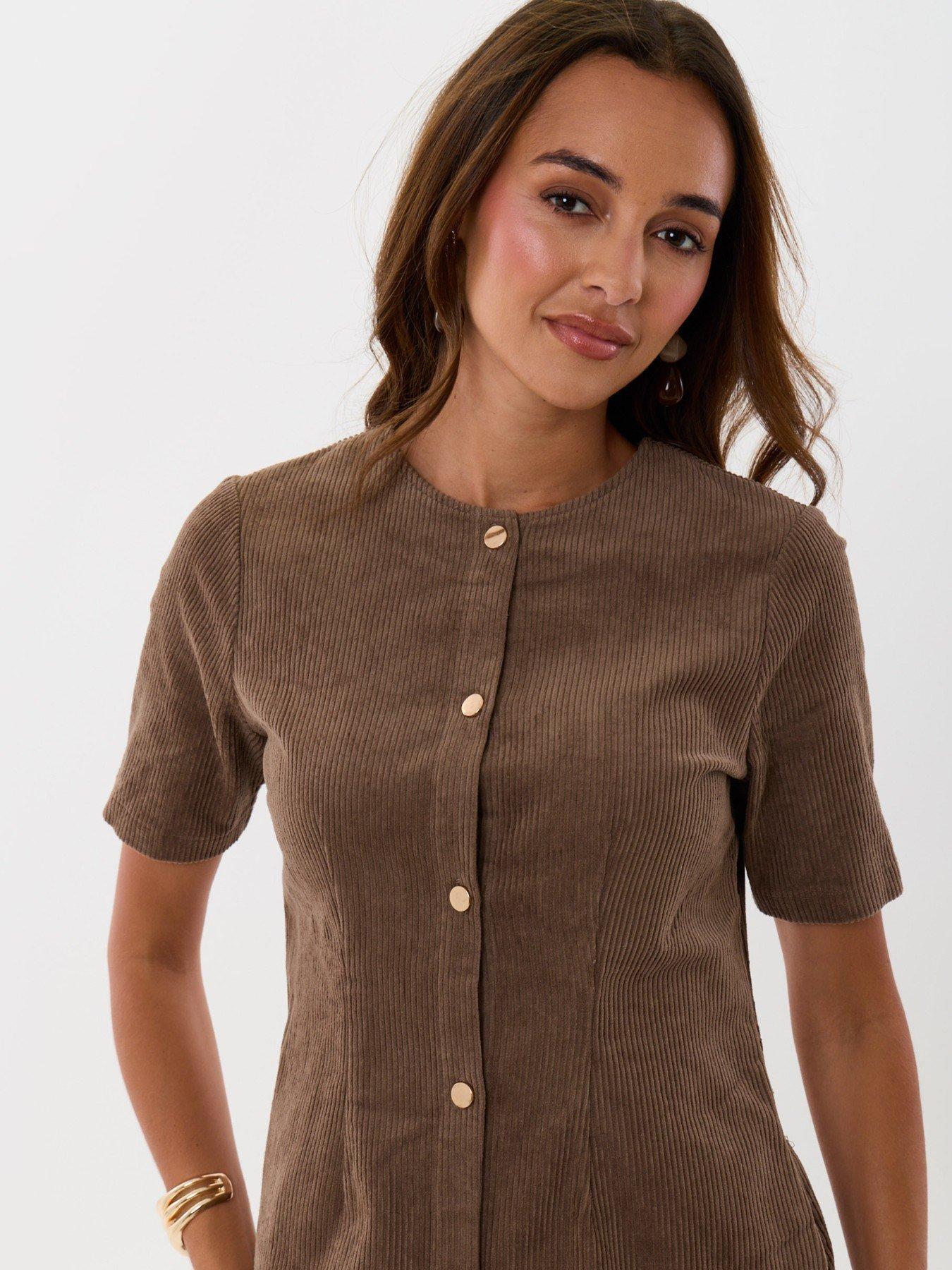 Image 4 of 4 of Threadbare Odette Corduroy Button Front Mini Dress - Brown