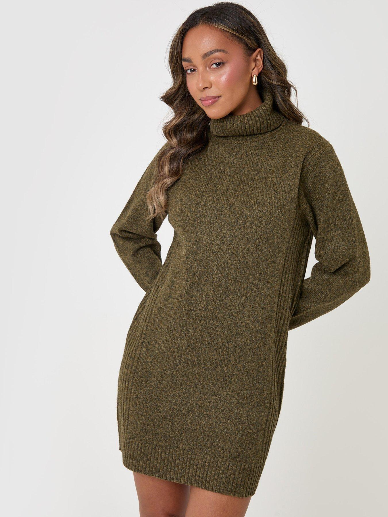 Image 1 of 4 of Threadbare Womens Turtle Neck Mini Jumper Dress - Green