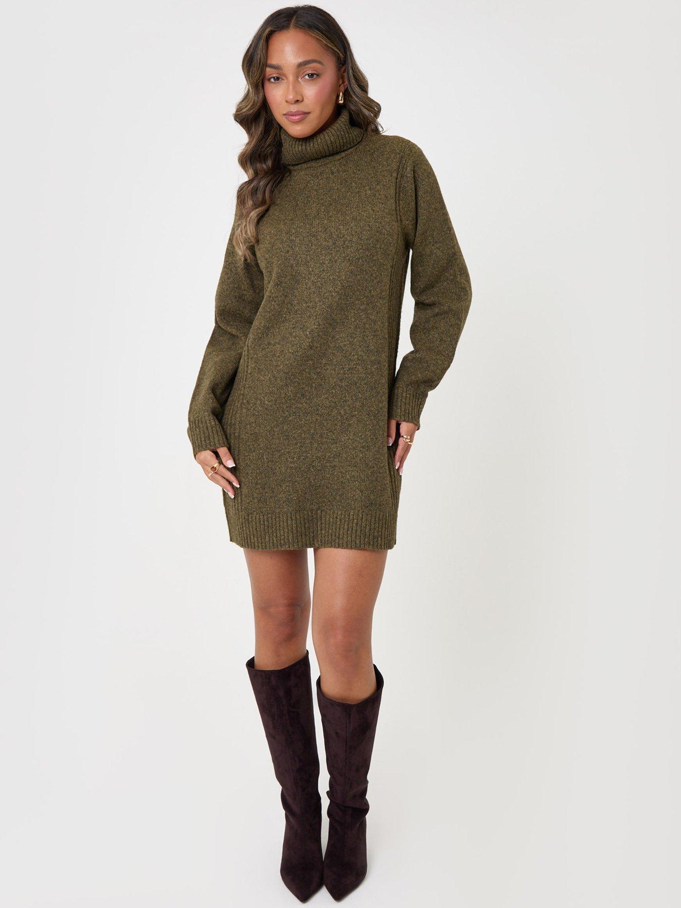 Image 3 of 4 of Threadbare Womens Turtle Neck Mini Jumper Dress - Green