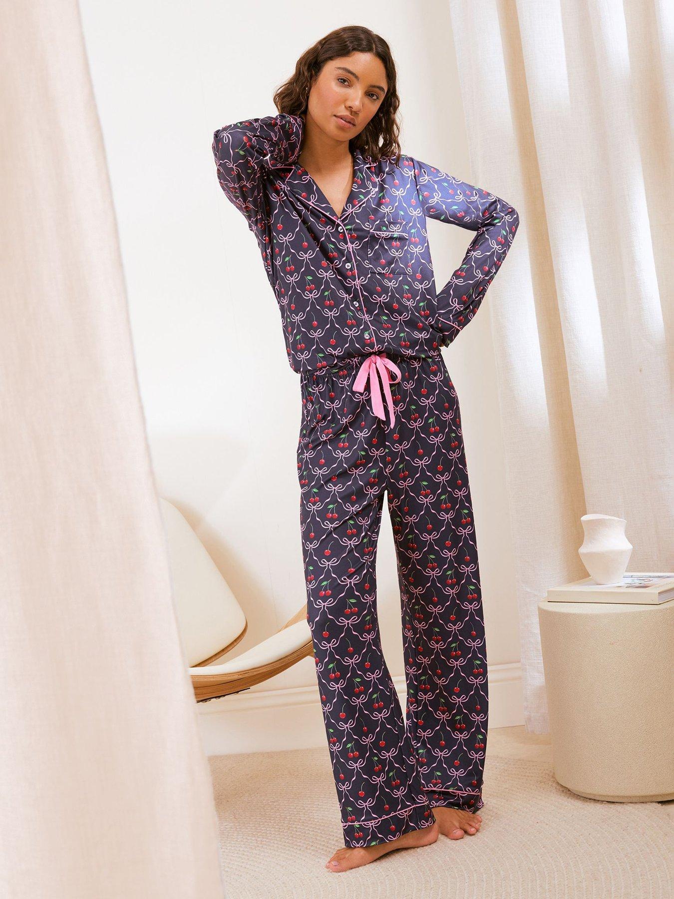 Image 1 of 5 of Friends Like These Navy Cherry Bow Long Sleeve Pyjamas