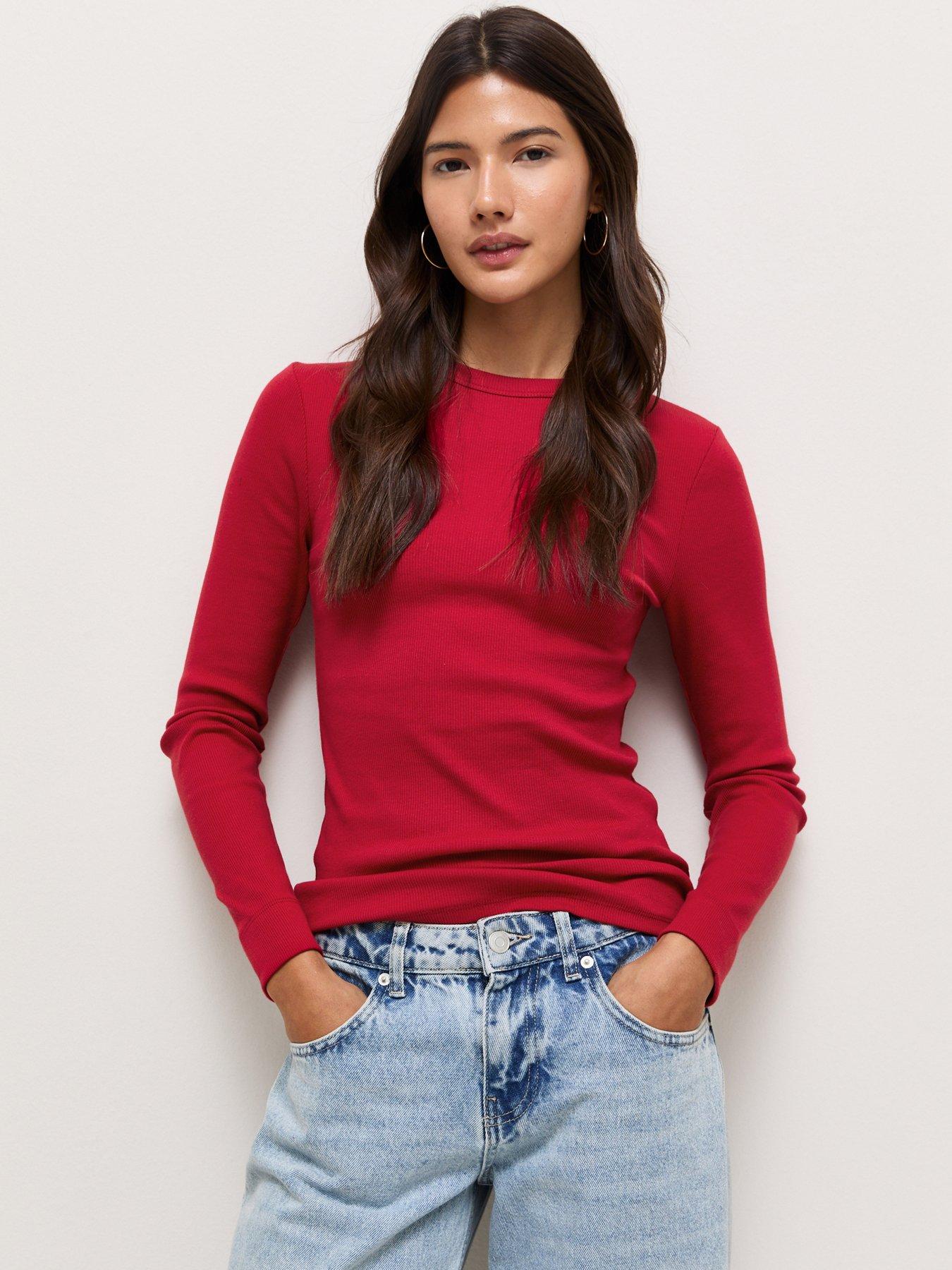 Image 1 of 5 of New Look Womens Ribbed Long Sleeve Crew Neck T-Shirt - Red