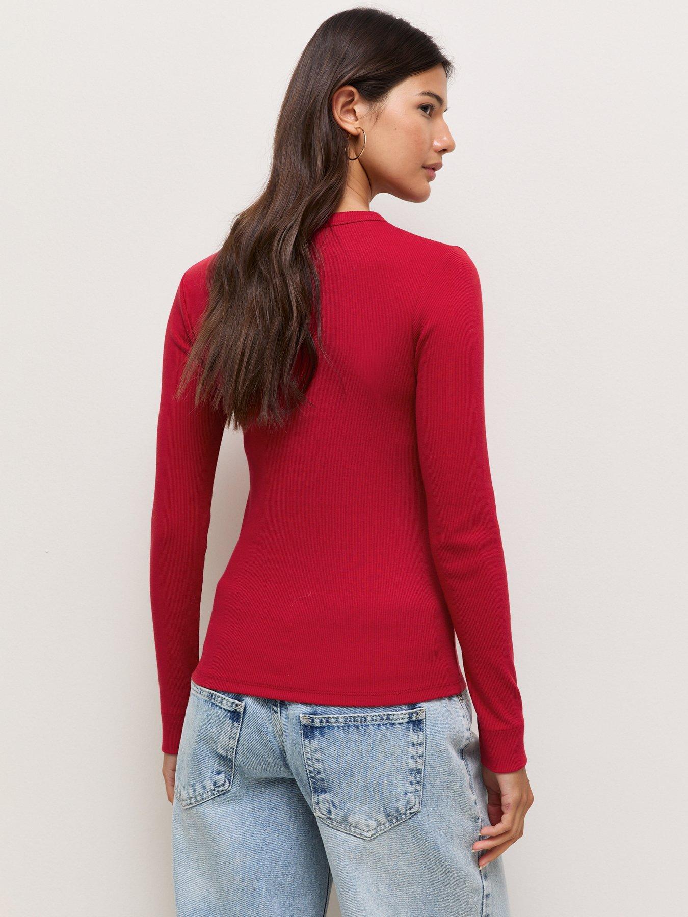 Image 2 of 5 of New Look Womens Ribbed Long Sleeve Crew Neck T-Shirt - Red