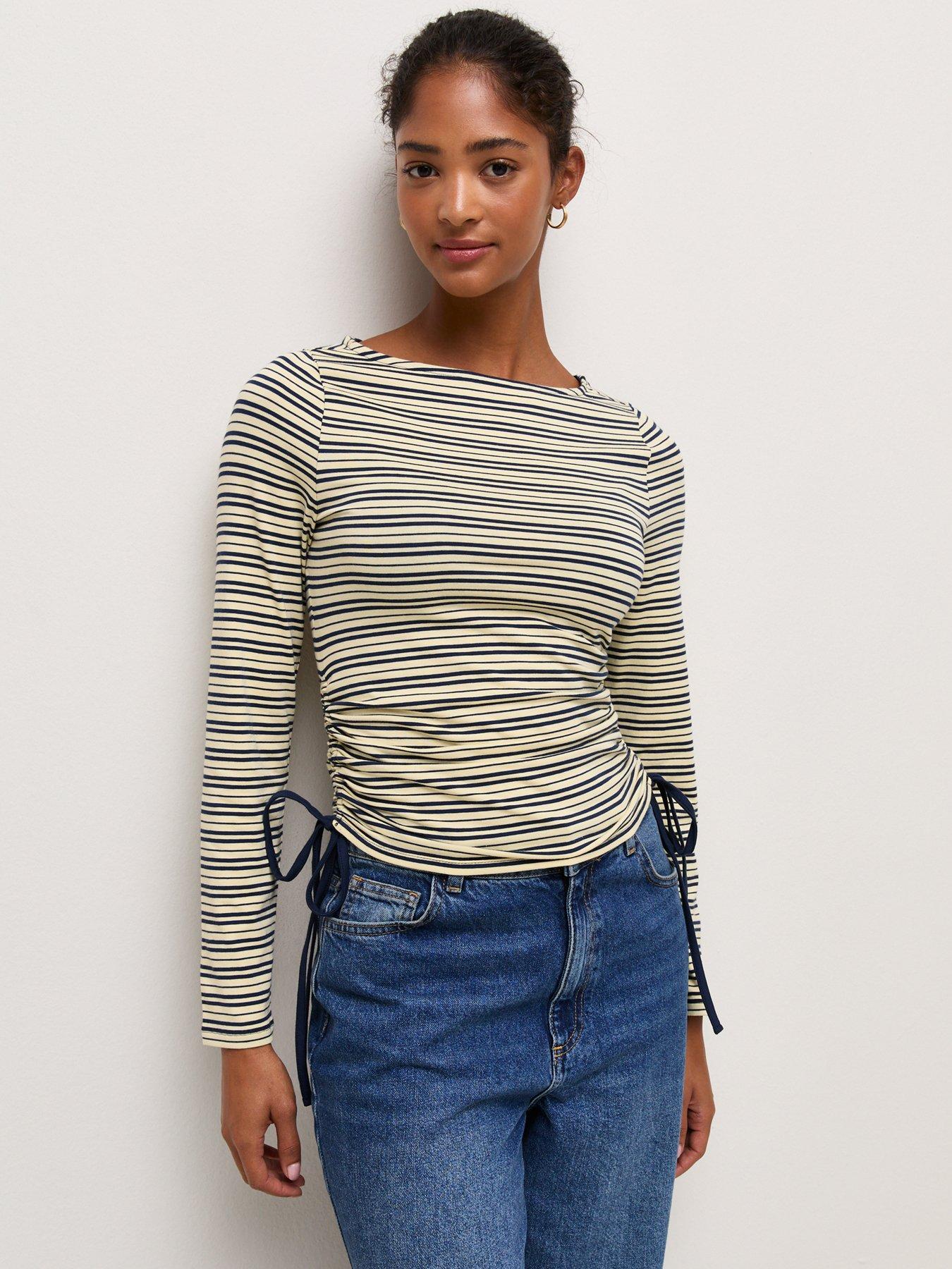 Image 1 of 6 of New Look Blue Cotton Rich Striped Tie Side Corset Waist Top