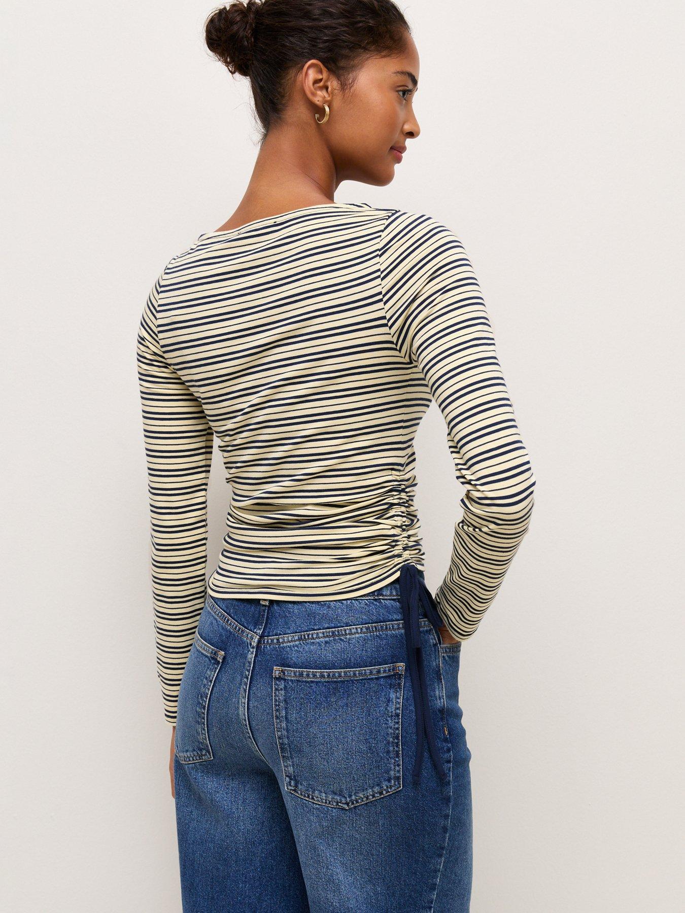 Image 2 of 6 of New Look Blue Cotton Rich Striped Tie Side Corset Waist Top