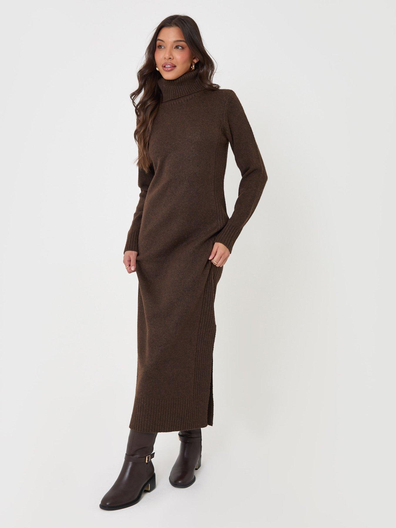 Image 1 of 4 of Threadbare Turtle Neck Maxi Jumper Dress In Chocolate Brown