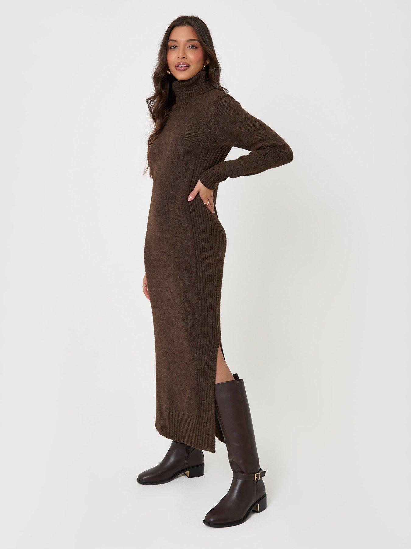 Image 3 of 4 of Threadbare Turtle Neck Maxi Jumper Dress In Chocolate Brown