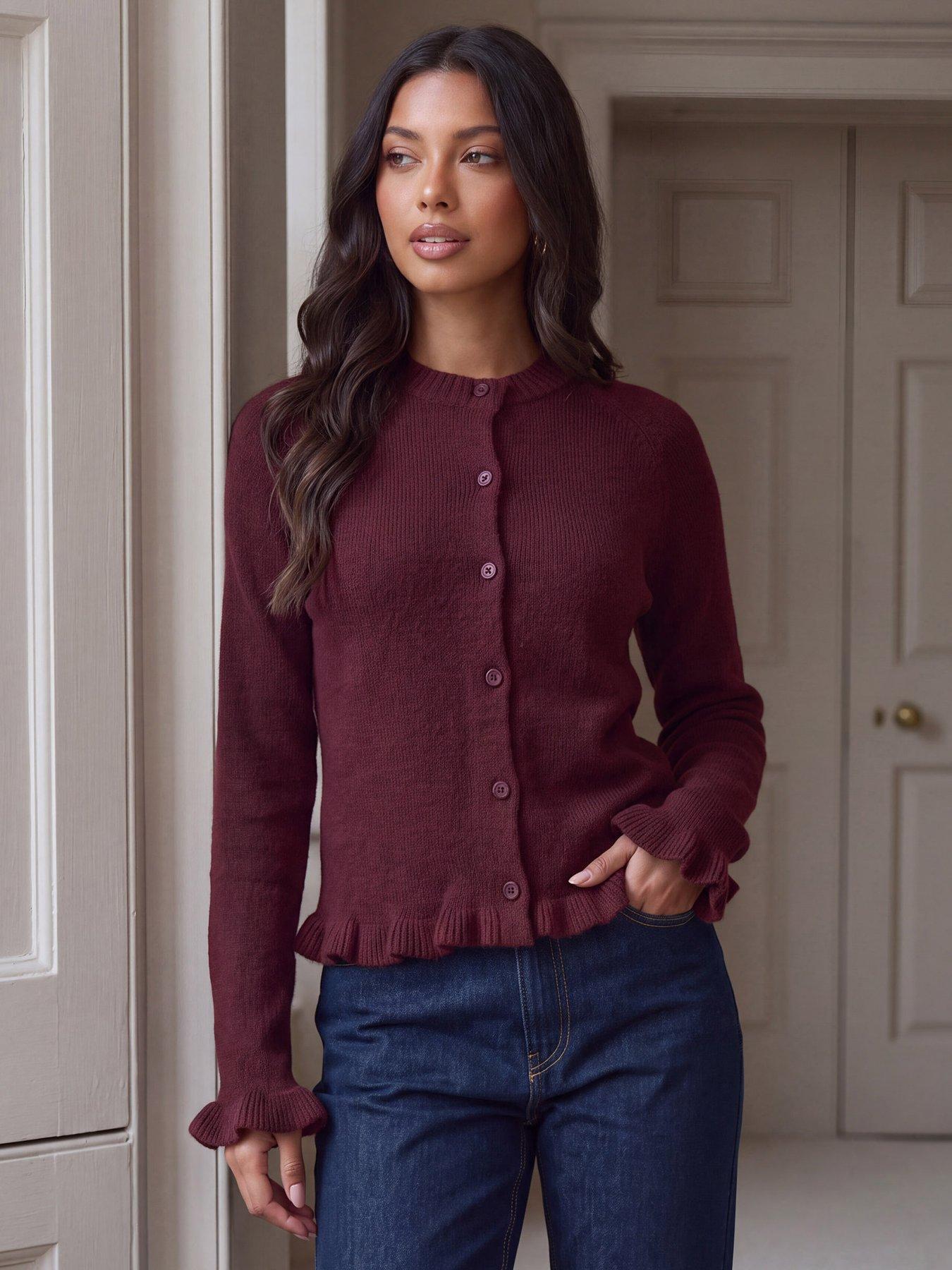 Image 1 of 4 of Threadbare Crew Neck Ruffle Cardigan In Burgundy