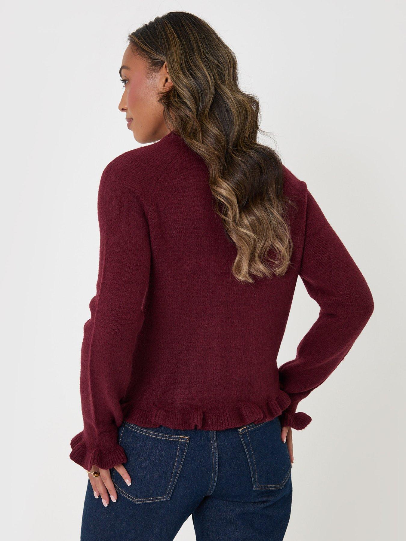 Image 2 of 4 of Threadbare Crew Neck Ruffle Cardigan In Burgundy