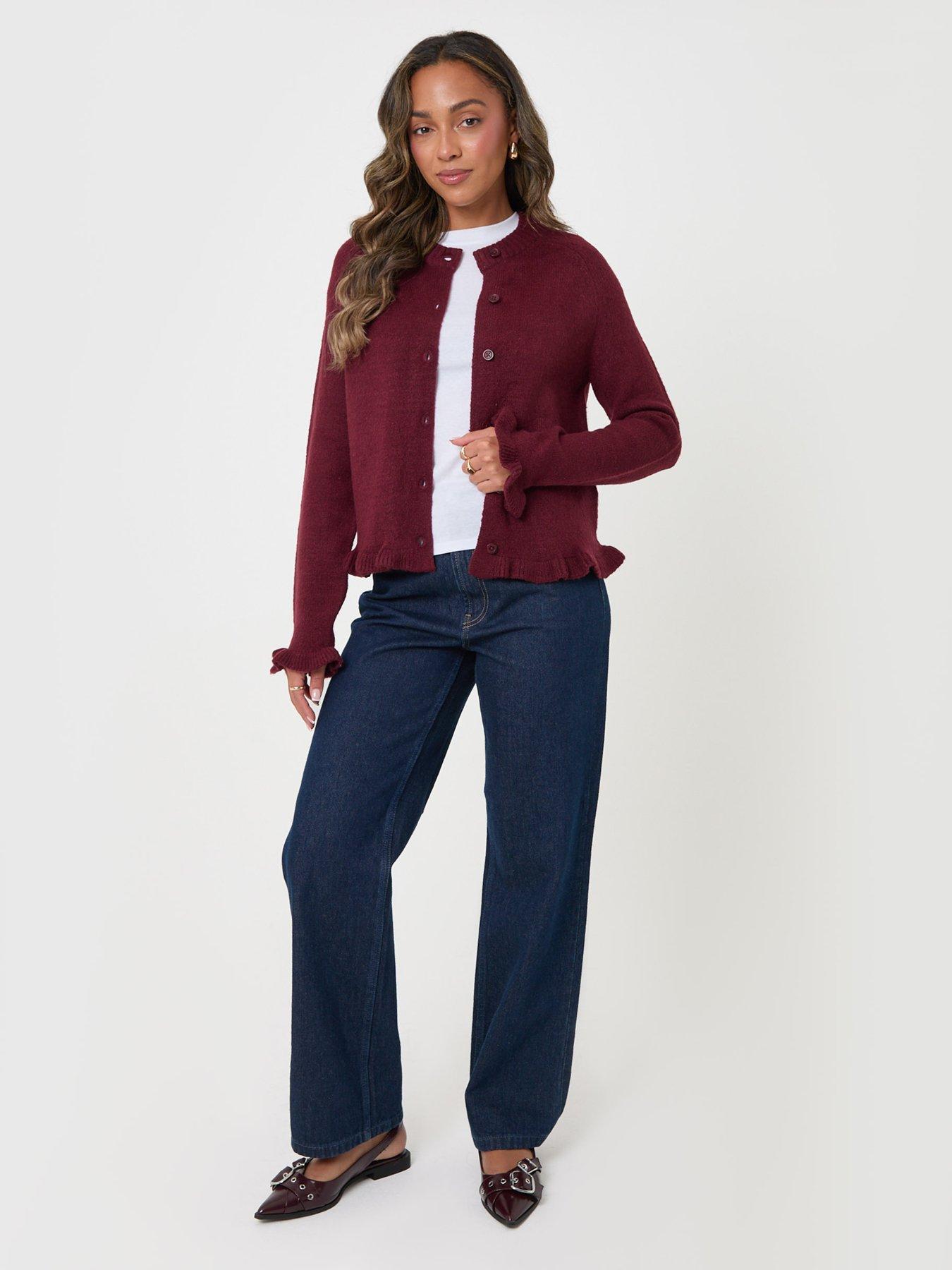 Image 3 of 4 of Threadbare Crew Neck Ruffle Cardigan In Burgundy