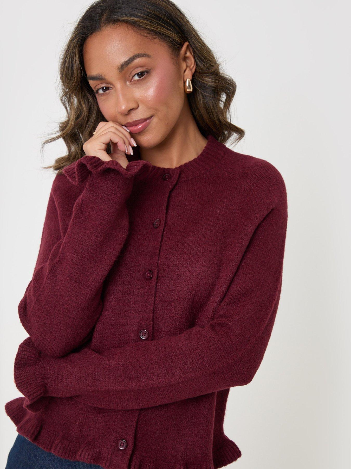 Image 4 of 4 of Threadbare Crew Neck Ruffle Cardigan In Burgundy