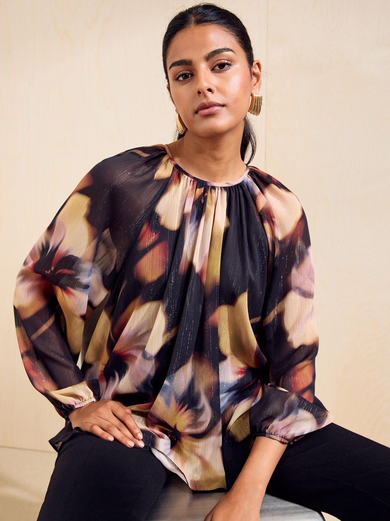 Image 1 of 5 of Friends Like These Womens Blurred Floral Shimmer Gathered Neck Blouse - Black