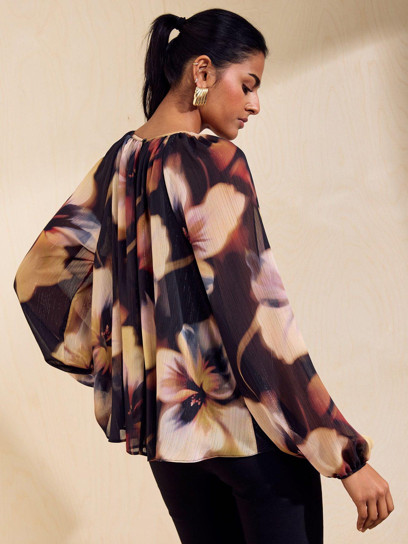 Image 2 of 5 of Friends Like These Womens Blurred Floral Shimmer Gathered Neck Blouse - Black