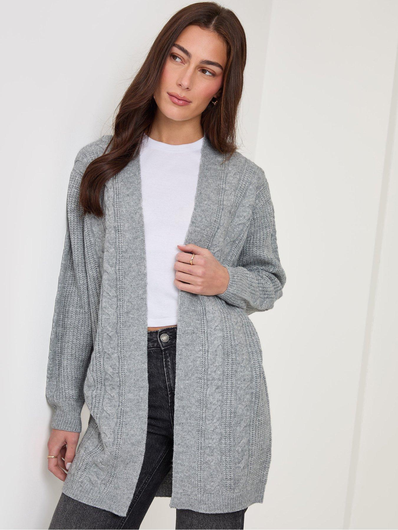 Image 1 of 4 of Threadbare Womens Petite Cable Knit Longline Open Cardigan - Grey