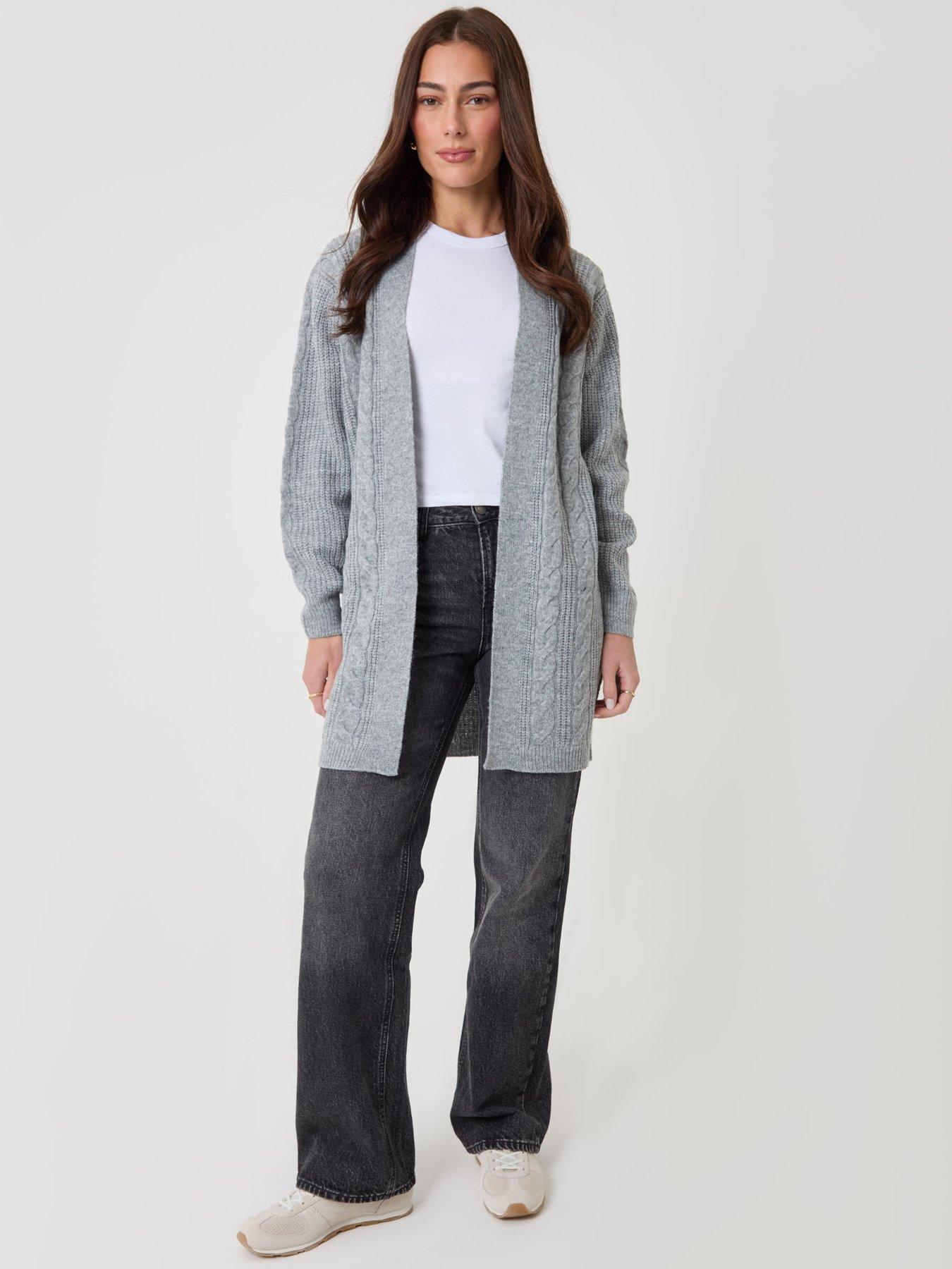 Image 3 of 4 of Threadbare Womens Petite Cable Knit Longline Open Cardigan - Grey