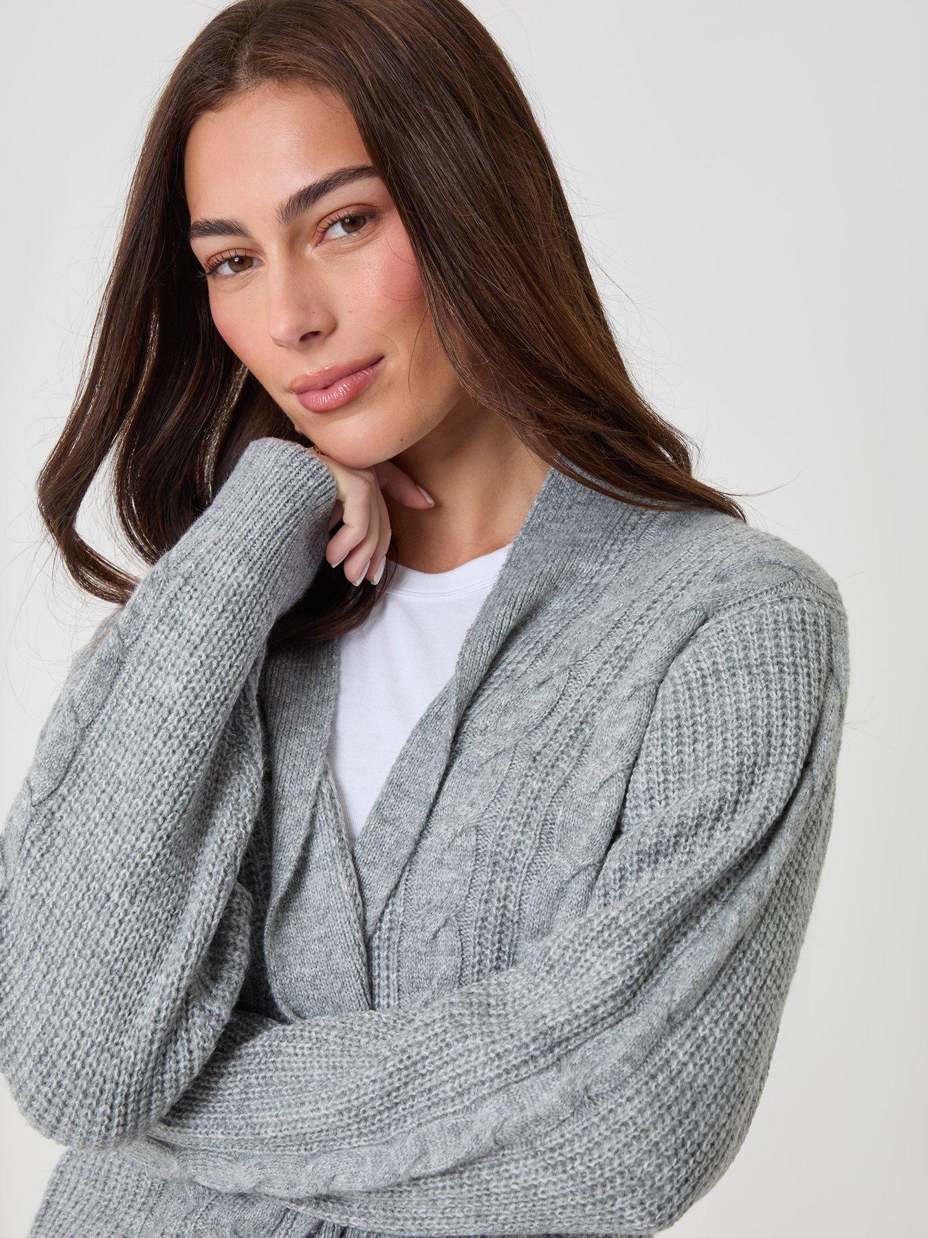 Image 4 of 4 of Threadbare Womens Petite Cable Knit Longline Open Cardigan - Grey
