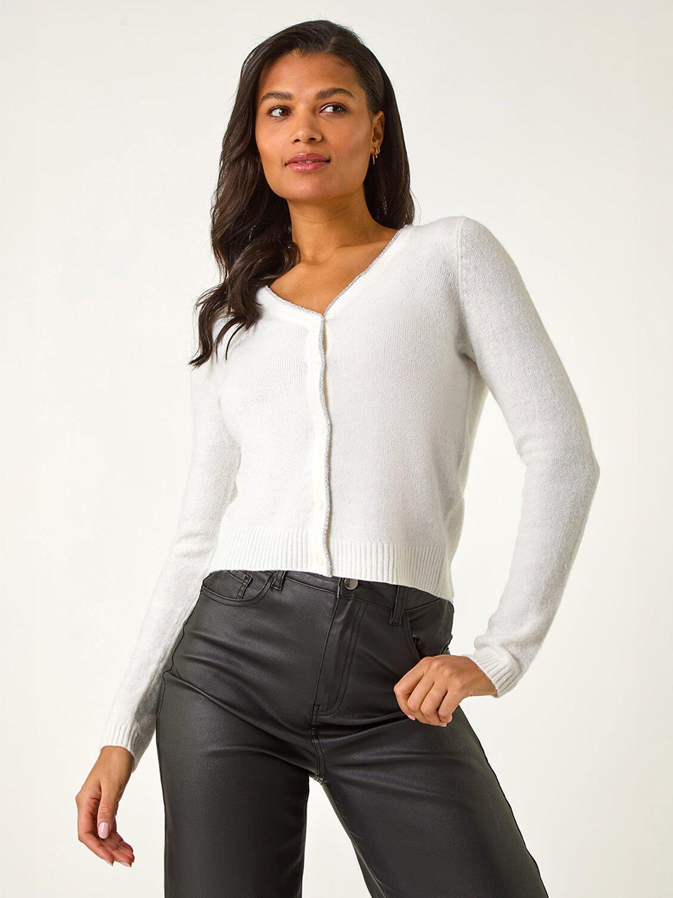 Roman Shimmer V-Neck Ribbed Cardigan - White