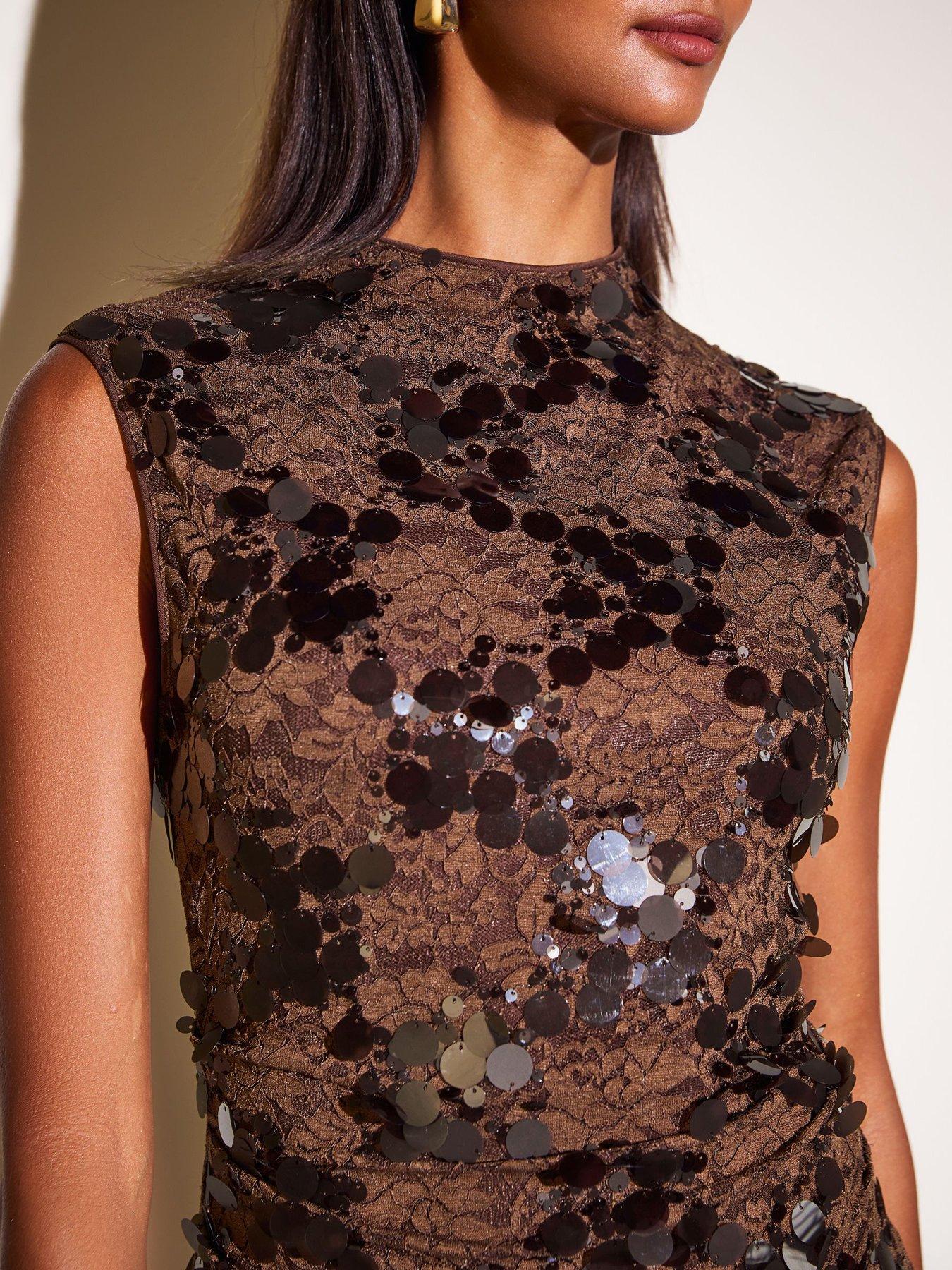 Image 2 of 5 of Friends Like These Chocolate Brown High Neck Disc Sequin Top