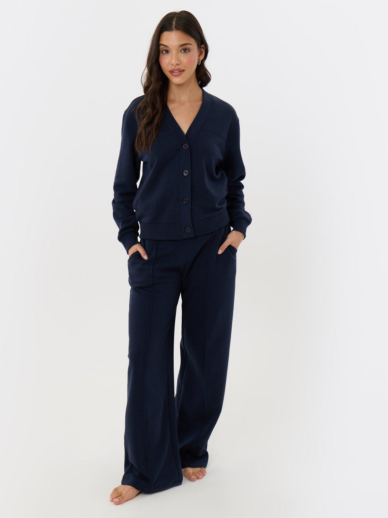 Image 1 of 5 of Threadbare Womens Button-Front Wide-Leg Cardigan and Jogger Set - Navy