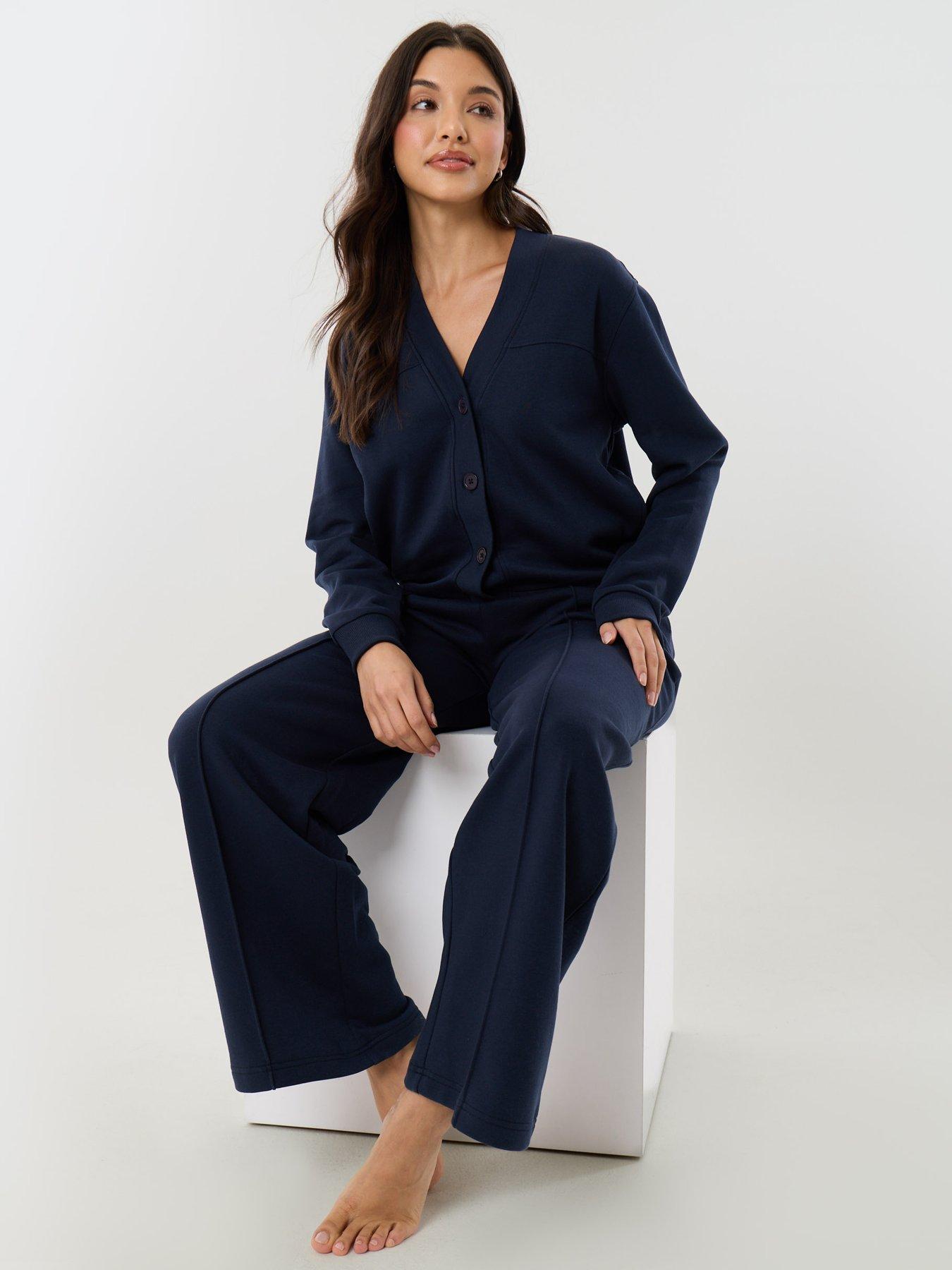 Image 3 of 5 of Threadbare Womens Button-Front Wide-Leg Cardigan and Jogger Set - Navy