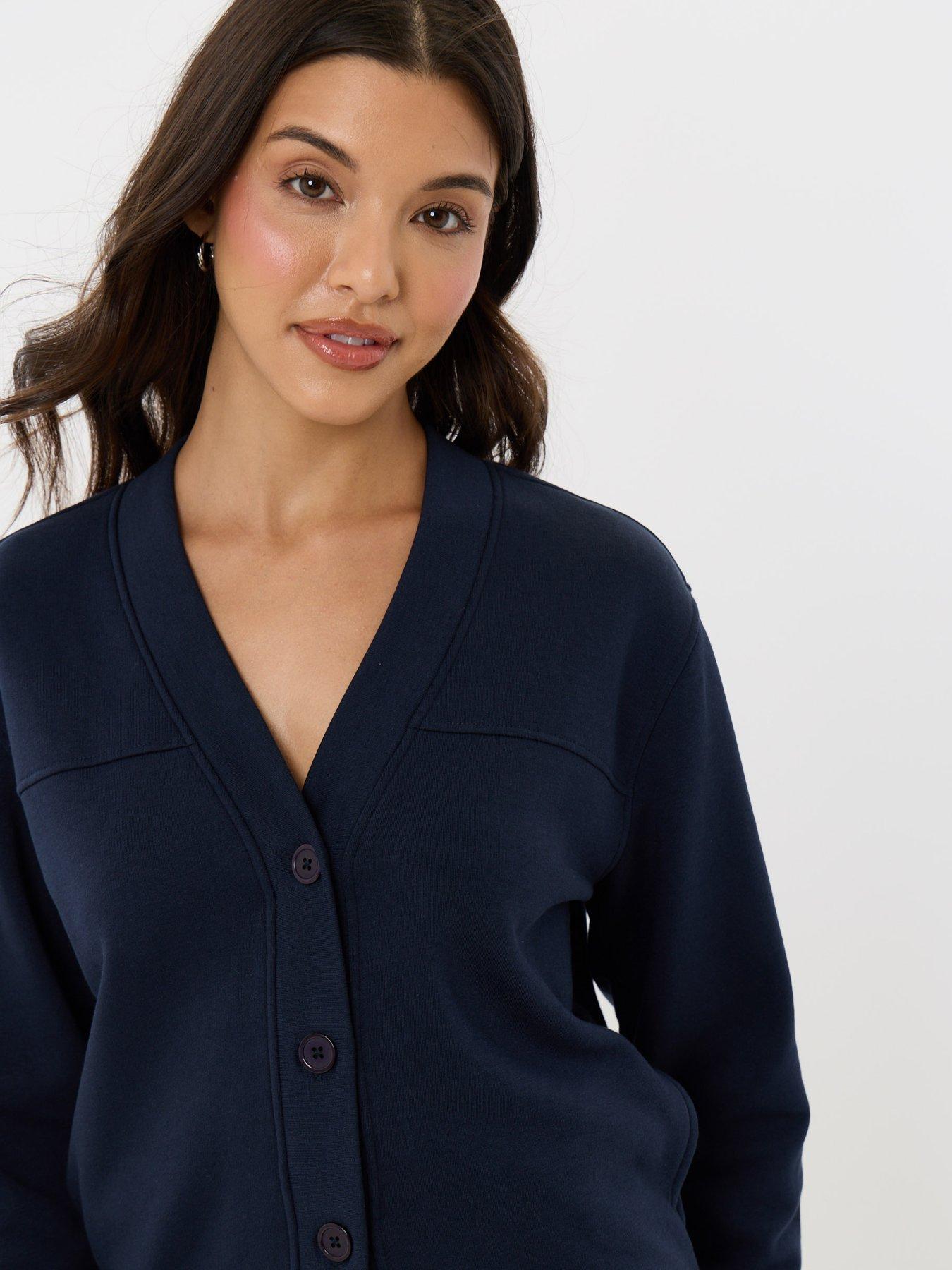 Image 4 of 5 of Threadbare Womens Button-Front Wide-Leg Cardigan and Jogger Set - Navy