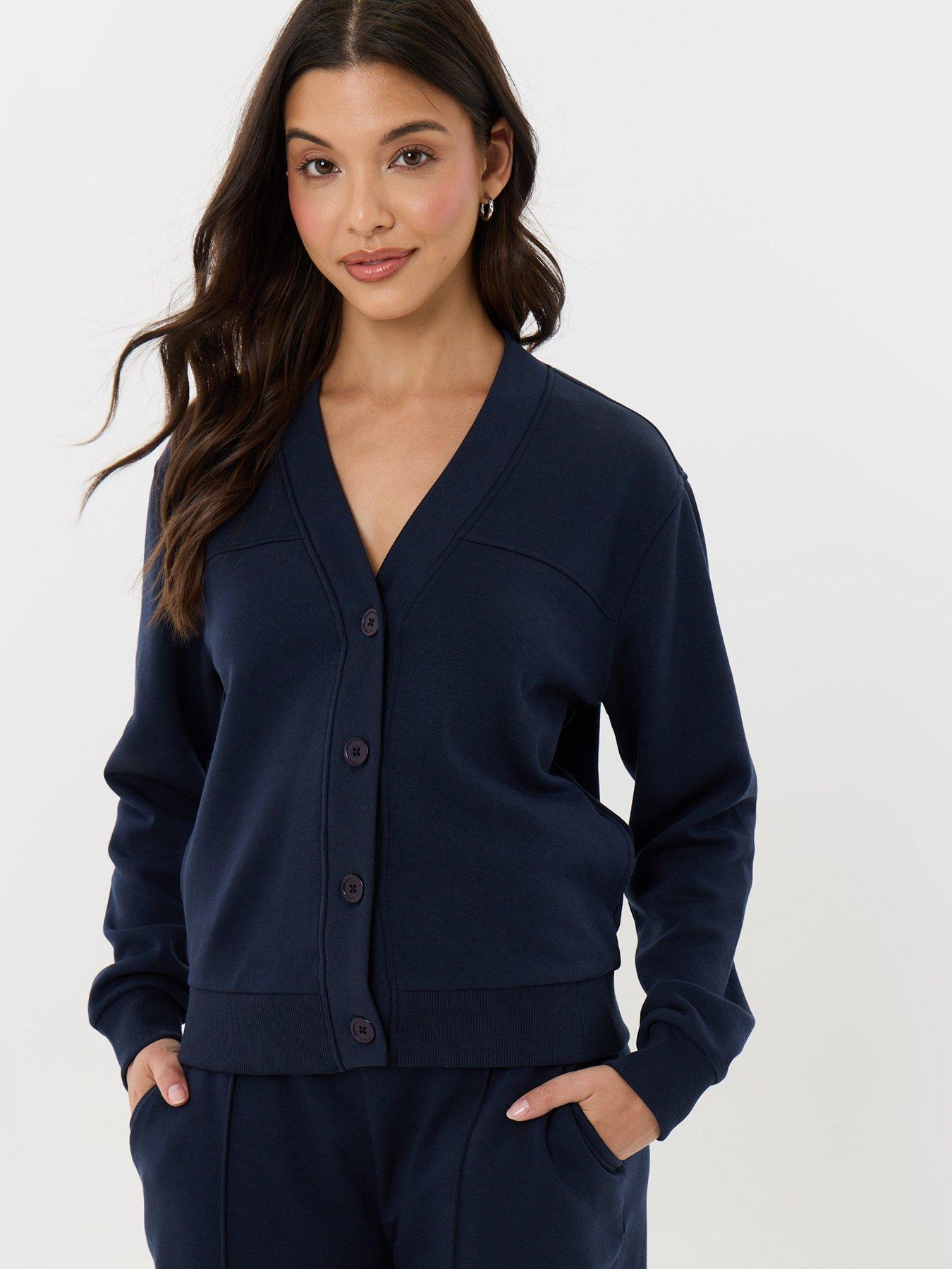 Image 5 of 5 of Threadbare Womens Button-Front Wide-Leg Cardigan and Jogger Set - Navy
