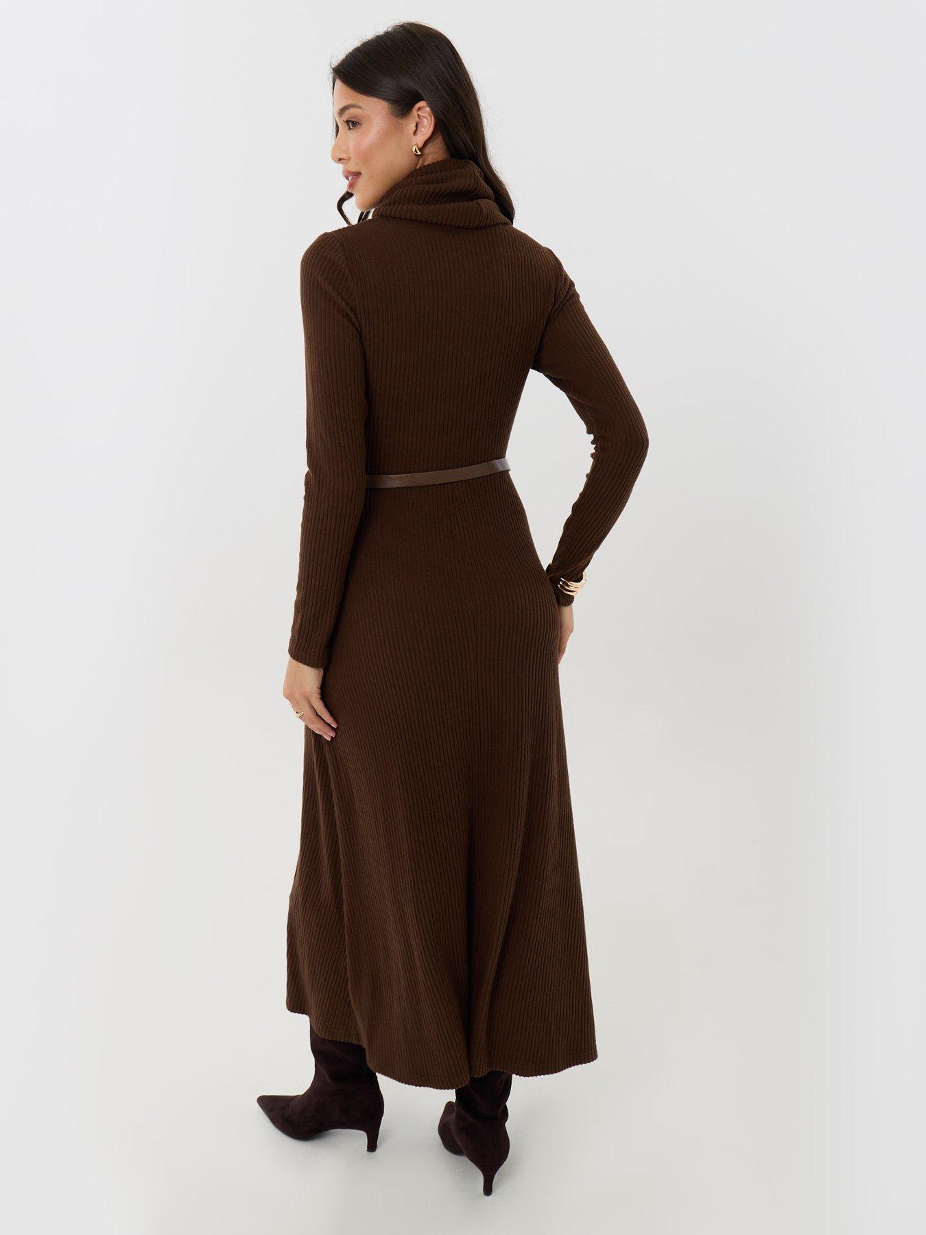 Image 2 of 4 of Threadbare Ribbed Roll Neck Maxi Dress With Belt In Chocolate Brown