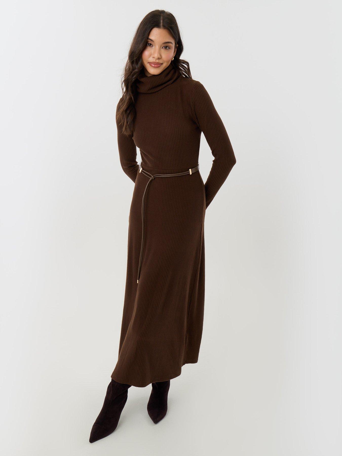 Image 3 of 4 of Threadbare Ribbed Roll Neck Maxi Dress With Belt In Chocolate Brown