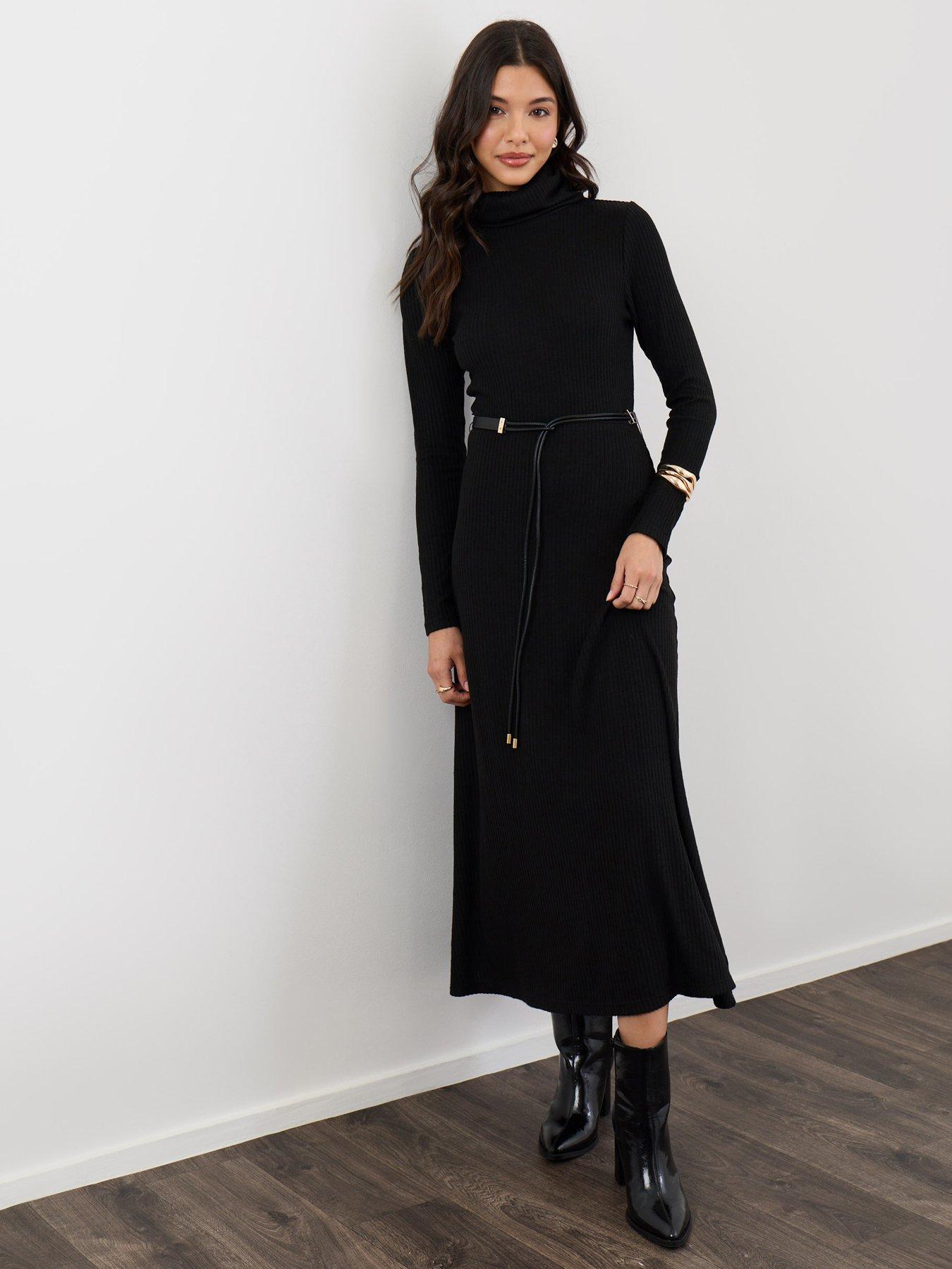 Image 1 of 4 of Threadbare Ribbed Roll Neck Maxi Dress With Belt In Black
