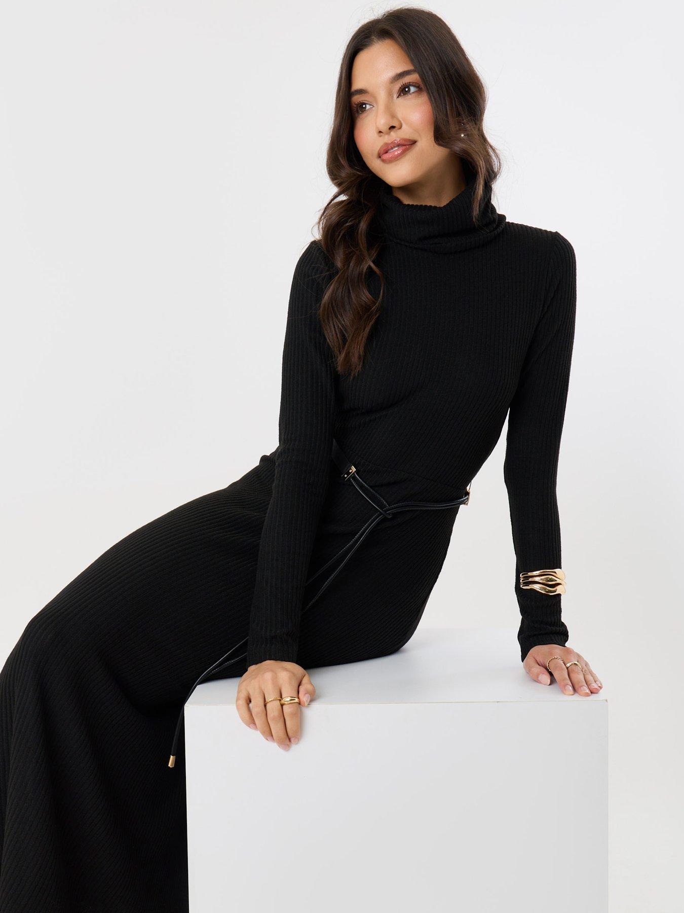 Image 4 of 4 of Threadbare Ribbed Roll Neck Maxi Dress With Belt In Black