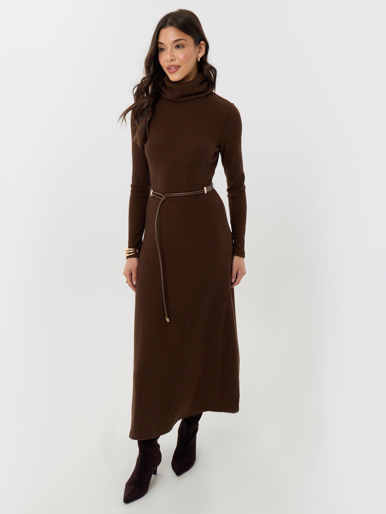 Image 1 of 4 of Threadbare Petite Ribbed Roll Neck Maxi Dress With Belt In Chocolate Brown