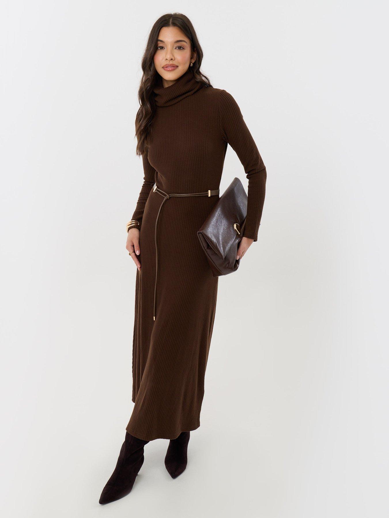 Image 3 of 4 of Threadbare Petite Ribbed Roll Neck Maxi Dress With Belt In Chocolate Brown