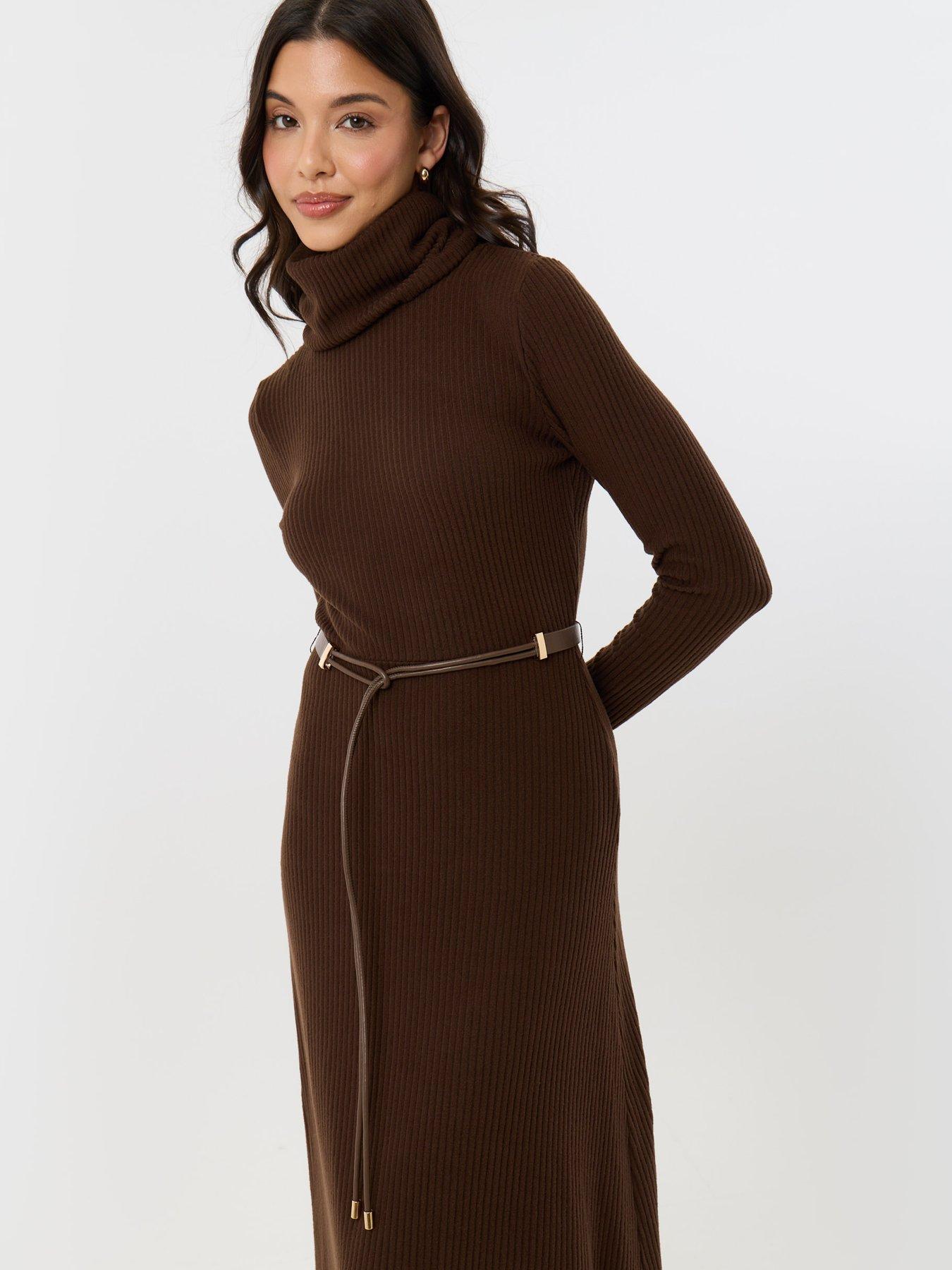 Image 4 of 4 of Threadbare Petite Ribbed Roll Neck Maxi Dress With Belt In Chocolate Brown