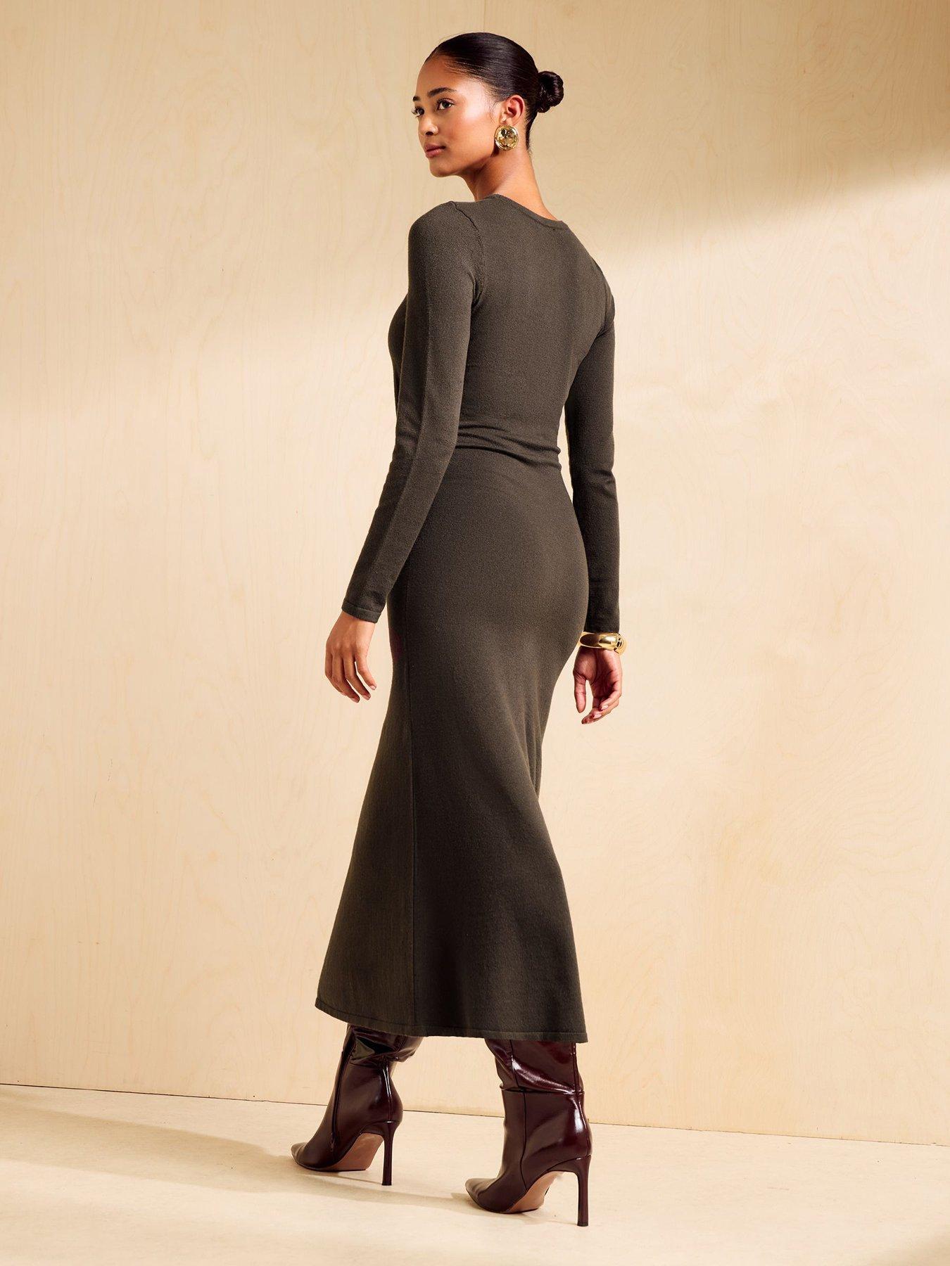 Image 2 of 5 of Friends Like These Brown Teardrop Hardware Detail Knit Midi Dress