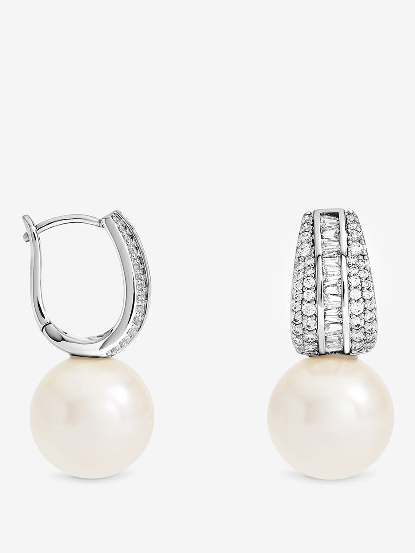 Image 1 of 3 of Jon Richard Rhodium Plated Pearl And Pave Drop Hoop Earrings