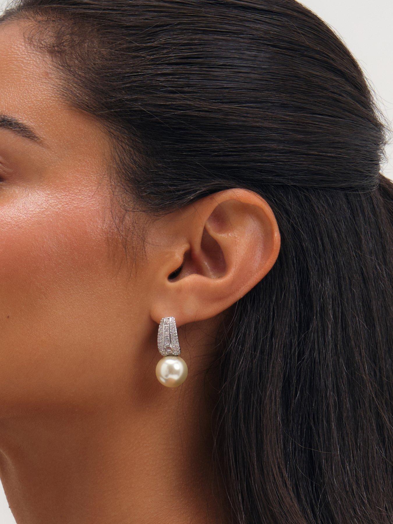 Image 2 of 3 of Jon Richard Rhodium Plated Pearl And Pave Drop Hoop Earrings