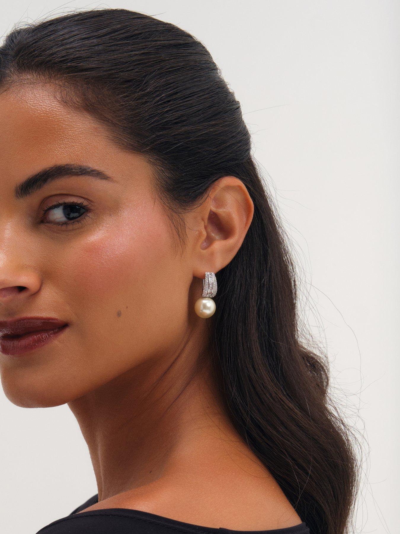 Image 3 of 3 of Jon Richard Rhodium Plated Pearl And Pave Drop Hoop Earrings