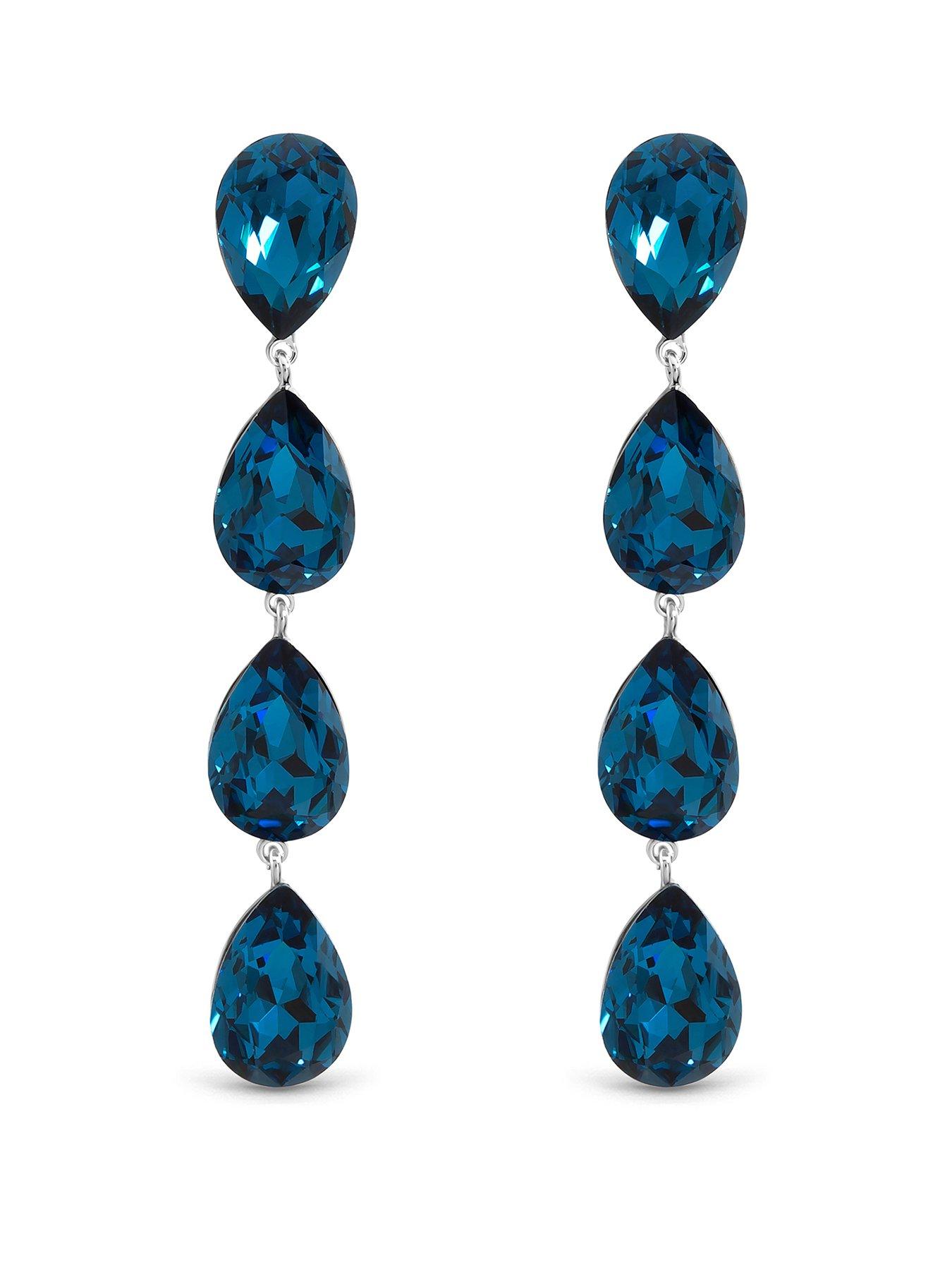 Jon Richard Rhodium Plated Sapphire Linear Pear Drop Earrings