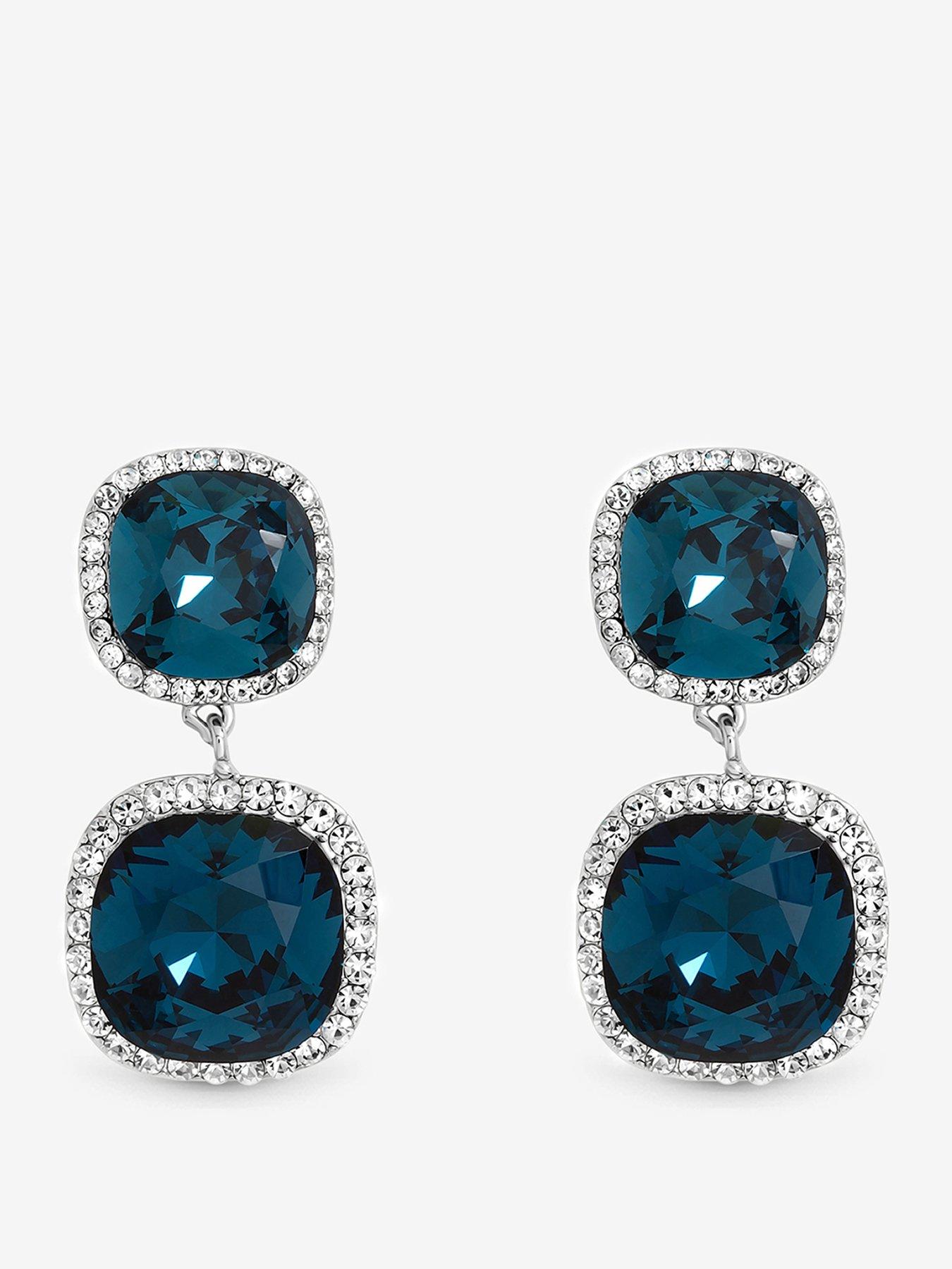 Image 1 of 3 of Jon Richard Rhodium Plated And Sapphire Double Drop Halo Earrings