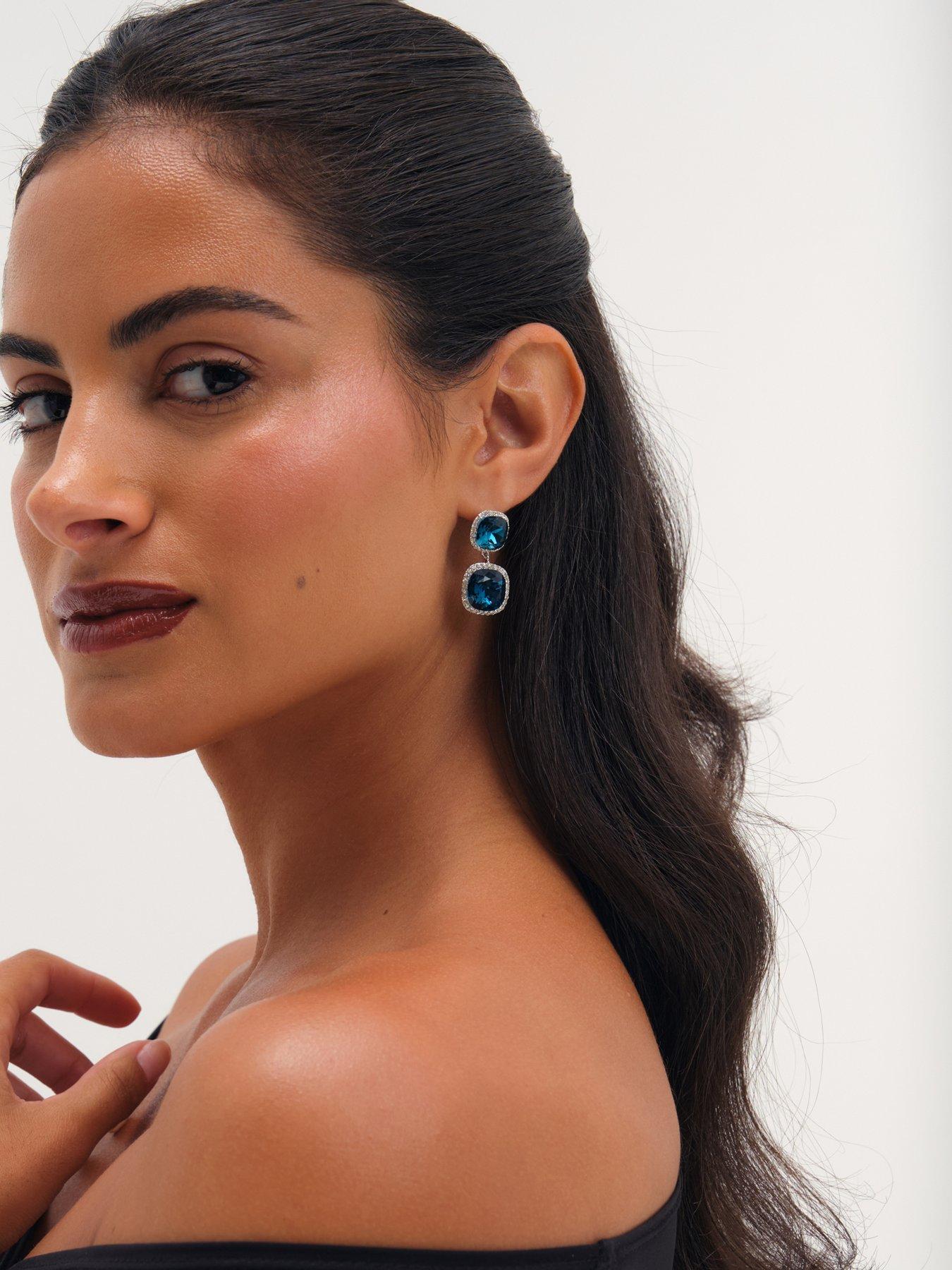 Image 2 of 3 of Jon Richard Rhodium Plated And Sapphire Double Drop Halo Earrings