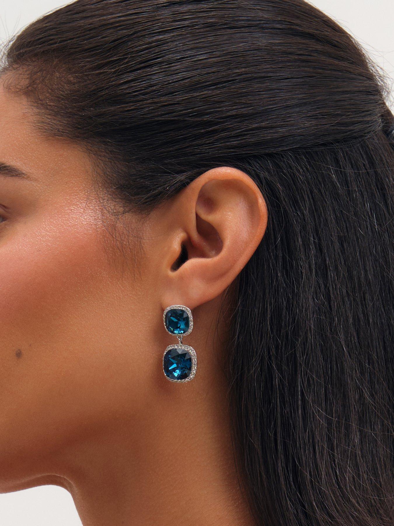 Image 3 of 3 of Jon Richard Rhodium Plated And Sapphire Double Drop Halo Earrings