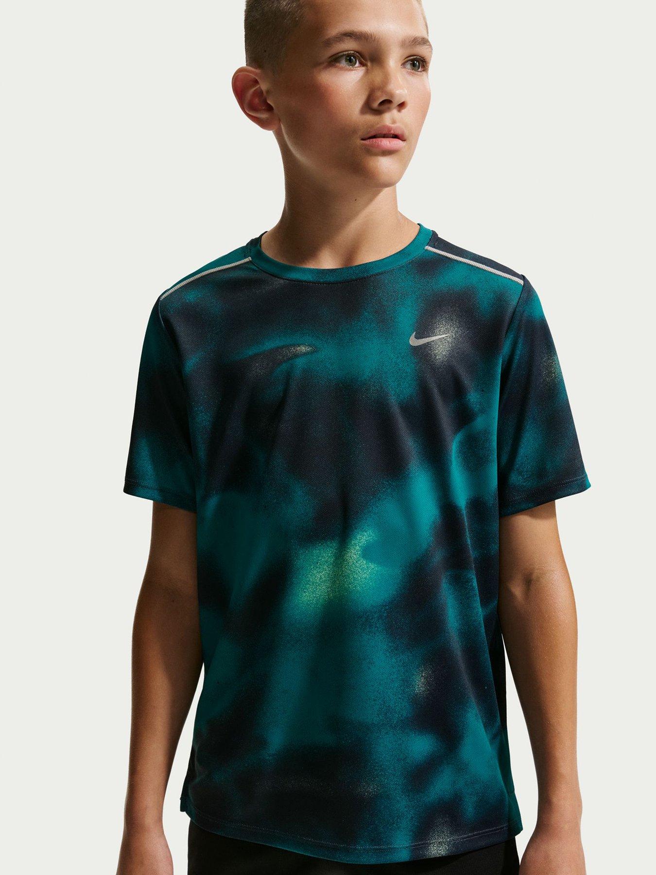 Nike Junior Boys Miler Dri-Fit Short-Sleeve Printed T-Shirt - Blue