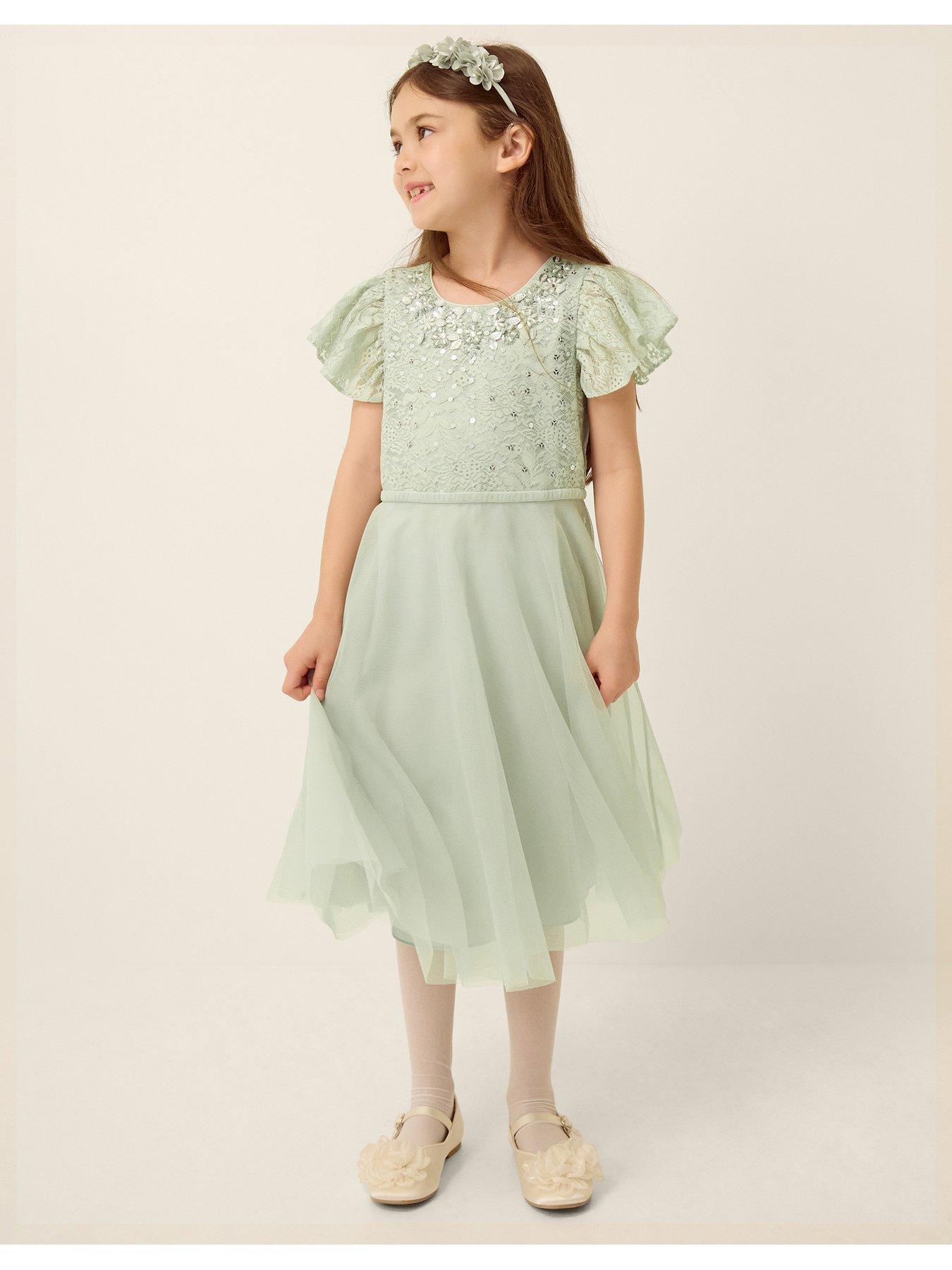 Monsoon Girls Keisa Lace Bodice Embroidered Dress - Sage