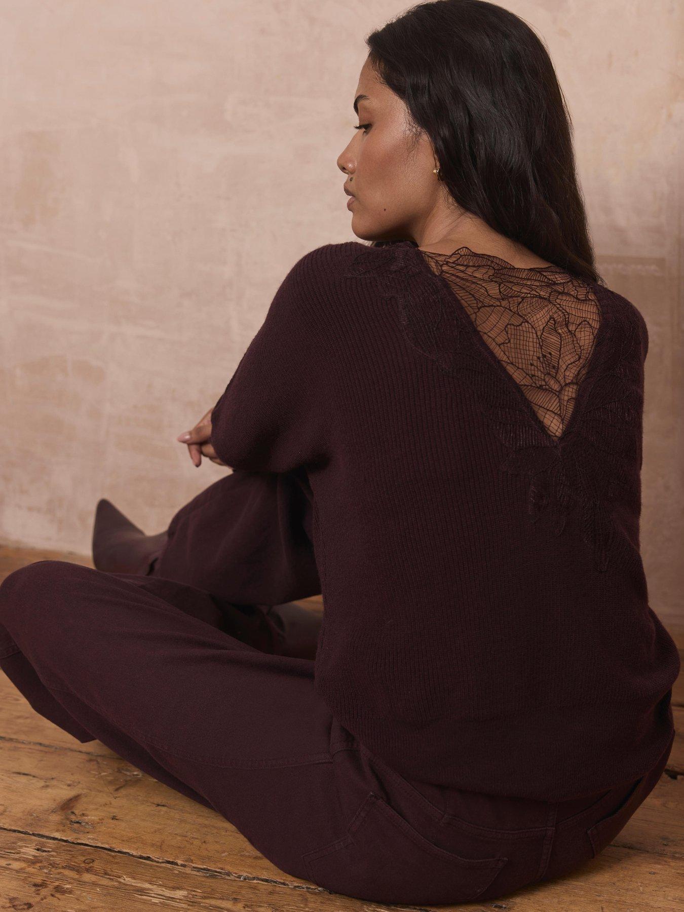 Image 2 of 6 of Mint Velvet Burgundy Lace Detail Jumper - Red