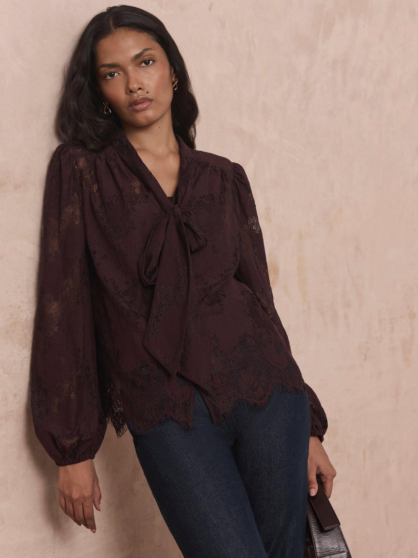 Mint Velvet Burgundy Lace Pussybow Blouse - Red