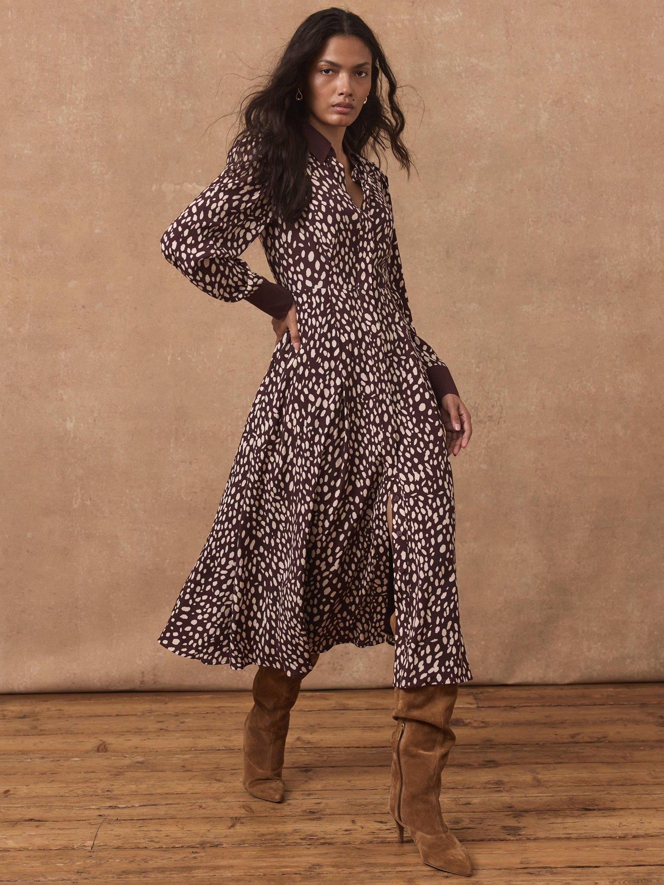 Mint Velvet Burgundy Printed Contrast Midi Shirt Dress - Red